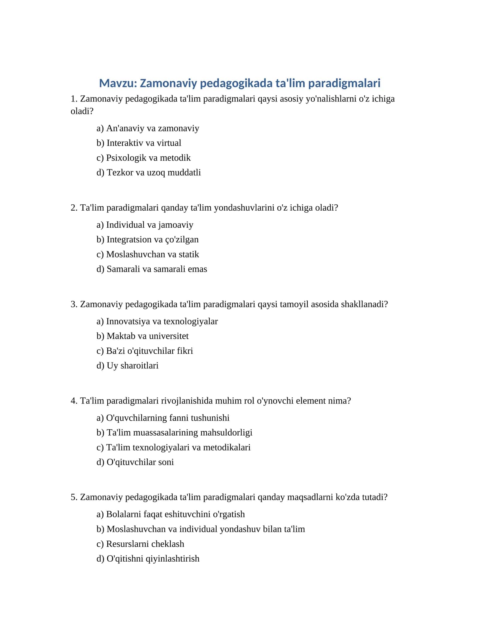 Zamonaviy pedagogikada ta'lim paradigmalari