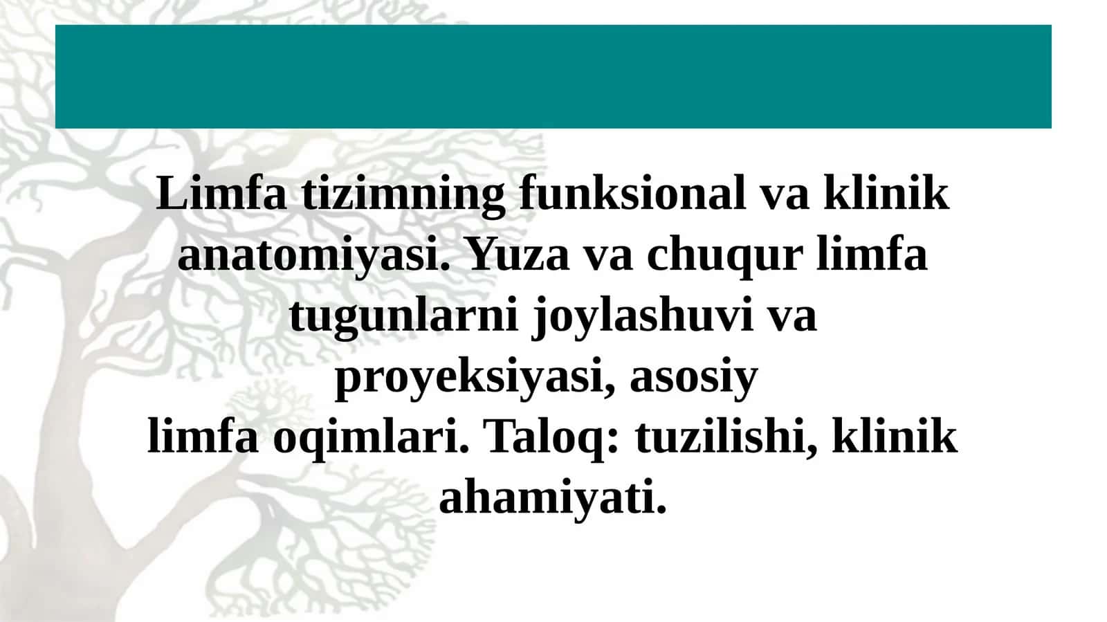Limfa tizimning funksional va klinik anatomiyasi. Yuza va chuqur limfa tugunlarni joylashuvi va proyeksiyasi, asosiy limfa oqimlari. Taloq: tuzilishi, klinik ahamiyati.