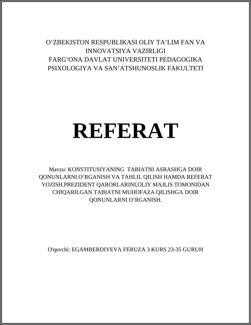 KONSTITUSIYANING TABIATNI ASRASHGA DOIR QONUNLARNI О‘RGANISH VA TAHLIL QILISH HAMDA REFERAT YOZISH