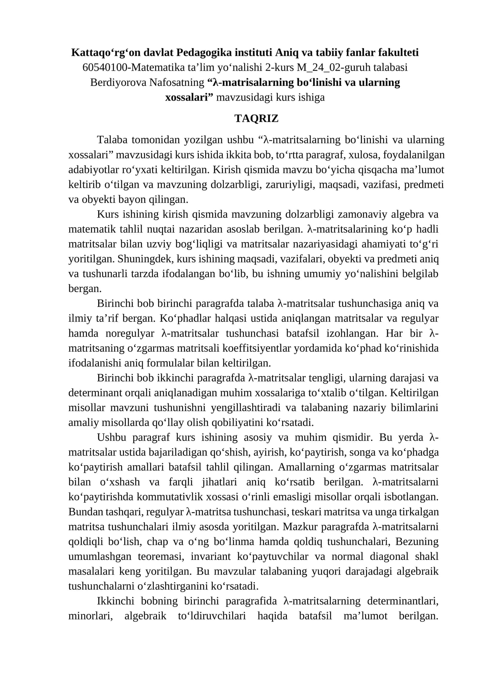 λ-matrisalarning bo‘linishi va ularning xossalari kurs ishi