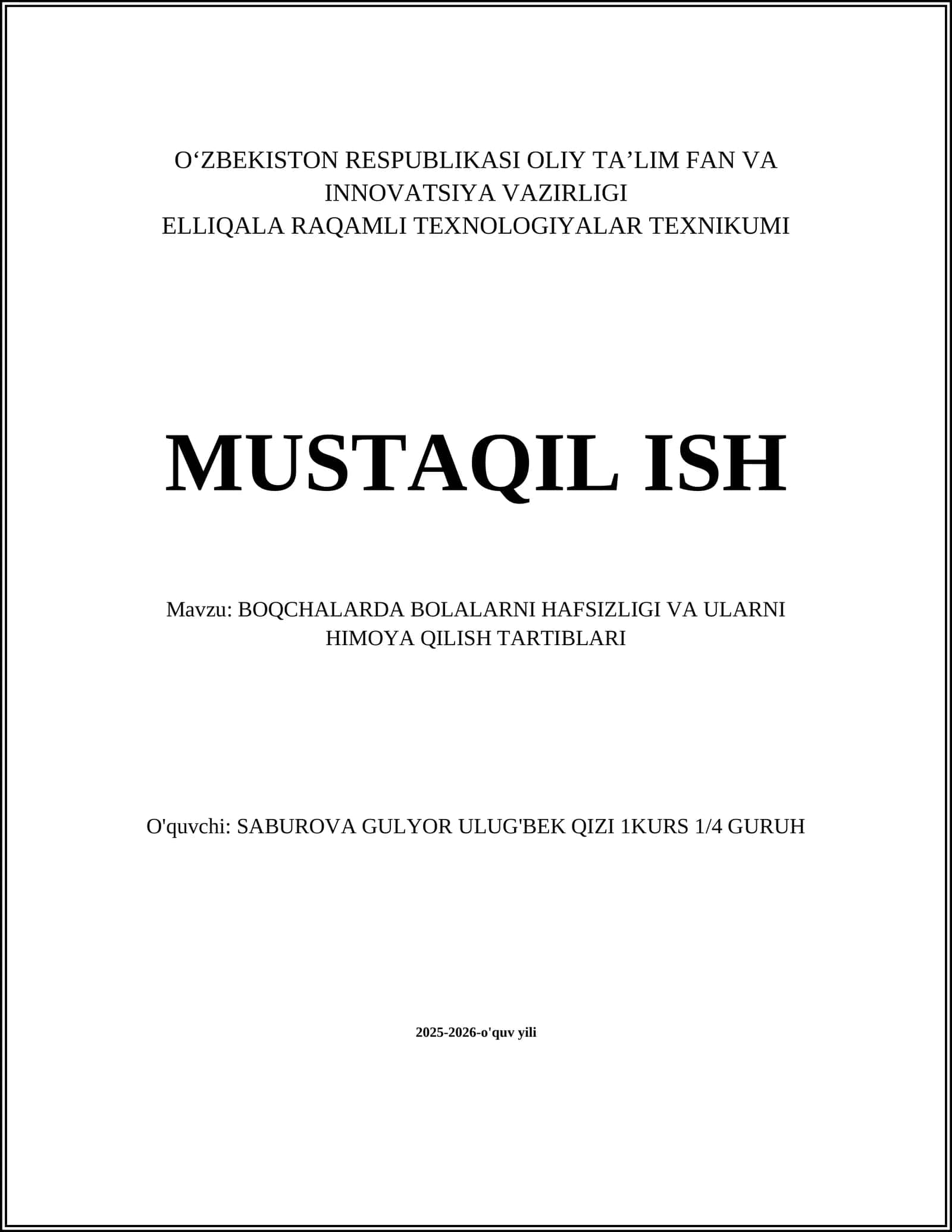 BOQCHALARDA BOLALARNI HAFSIZLIGI VA ULARNI HIMOYA QILISH TARTIBLARI