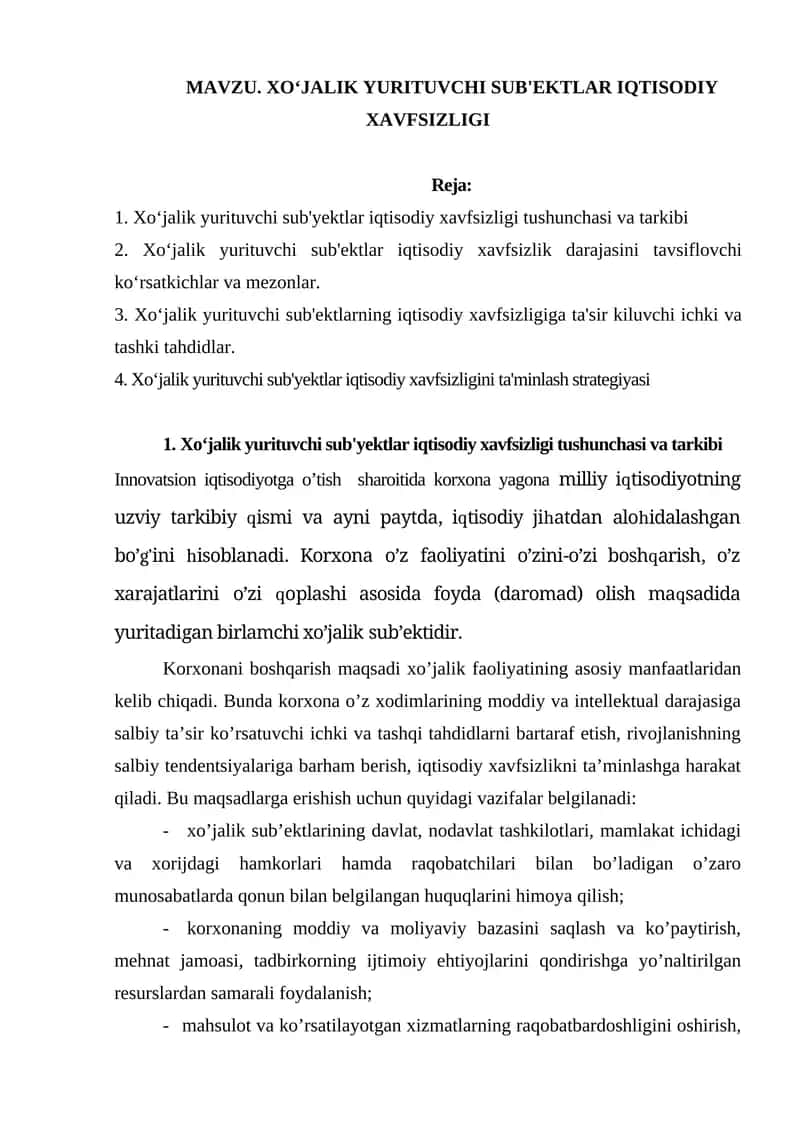 XO‘JALIK YURITUVCHI SUB'EKTLAR IQTISODIY XAVFSIZLIGI