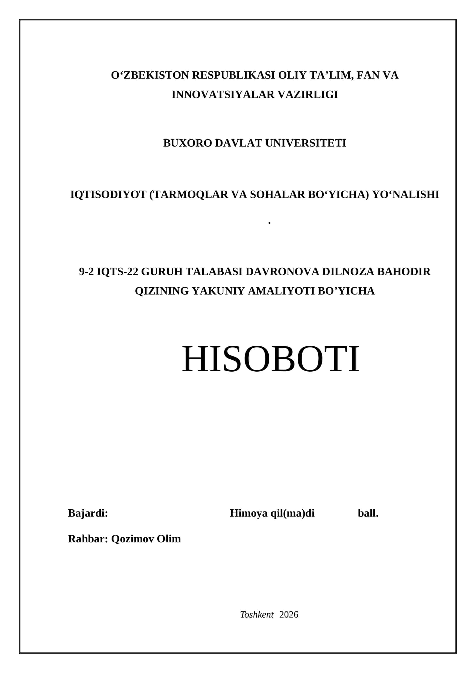Dori vositalari va tibbiy buyumlar savdosi- Yakuniy Amaliyot Hisoboti