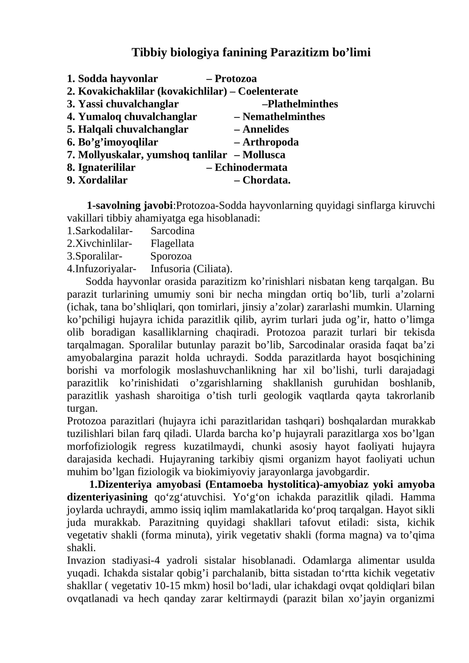 Tibbiy biologiya fanining Parazitizm bo’limi