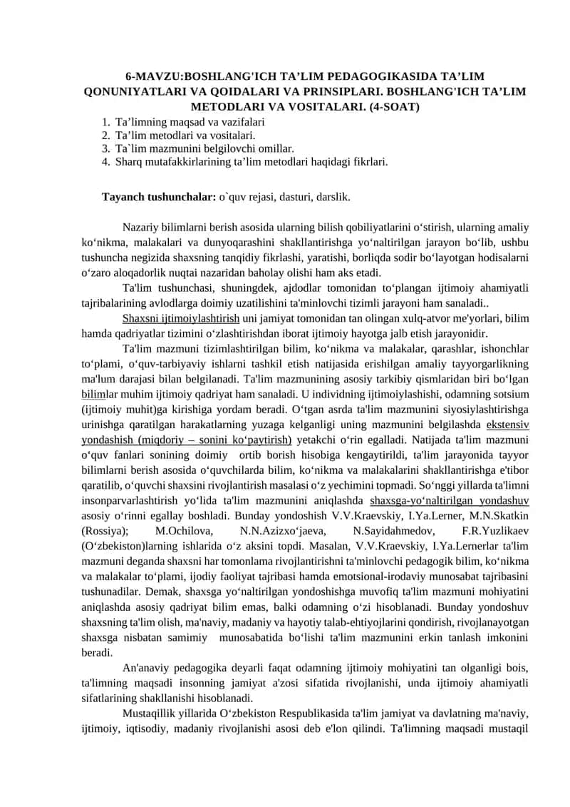 BOSHLANG'ICH TA’LIM PEDAGOGIKASIDA TA’LIM QONUNIYATLARI VA QOIDALARI VA PRINSIPLARI