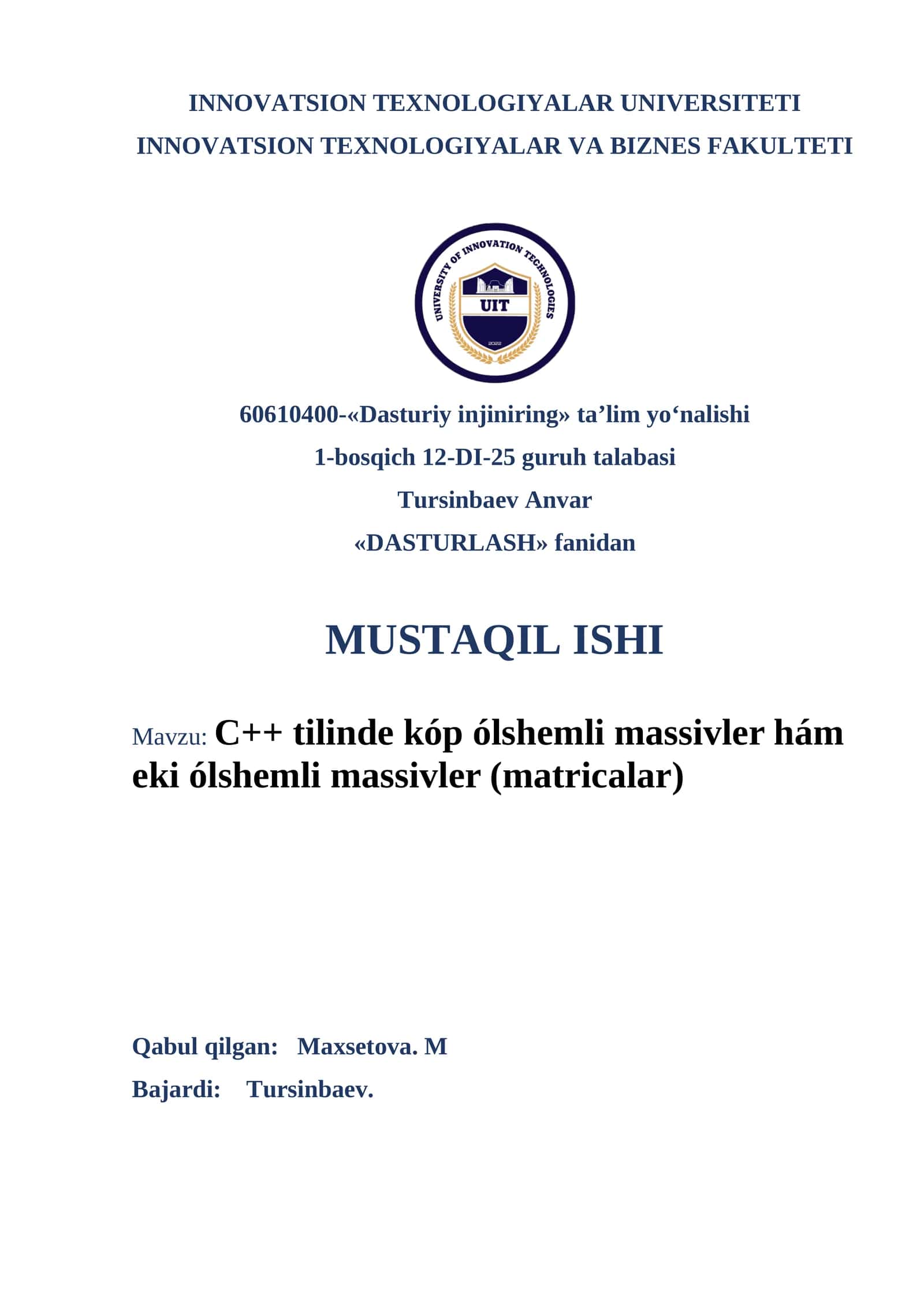 C++ tilinde kóp ólshemli massivler hám eki ólshemli massivler (matricalar)