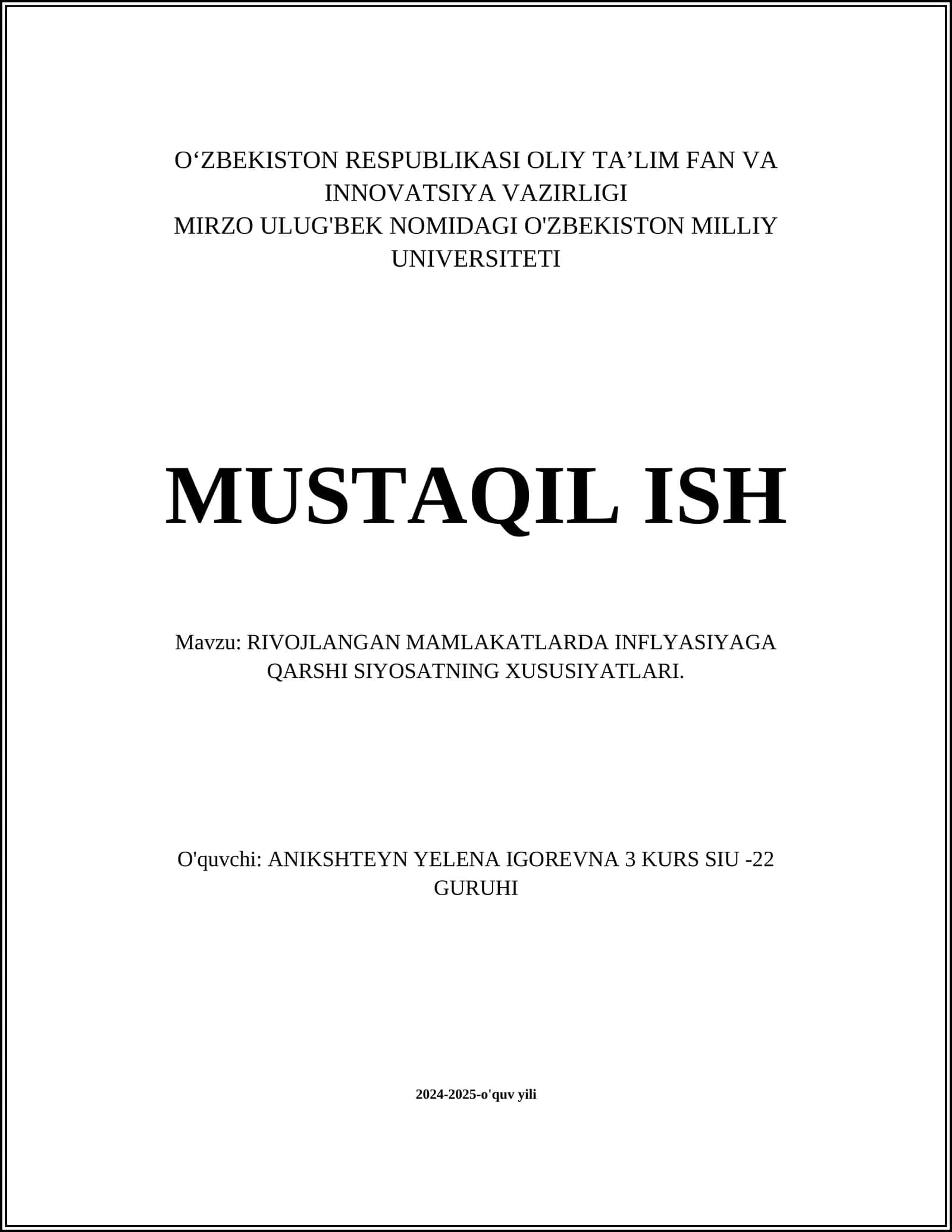 RIVOJLANGAN MAMLAKATLARDA INFLYASIYAGA QARSHI SIYOSATNING XUSUSIYATLARI