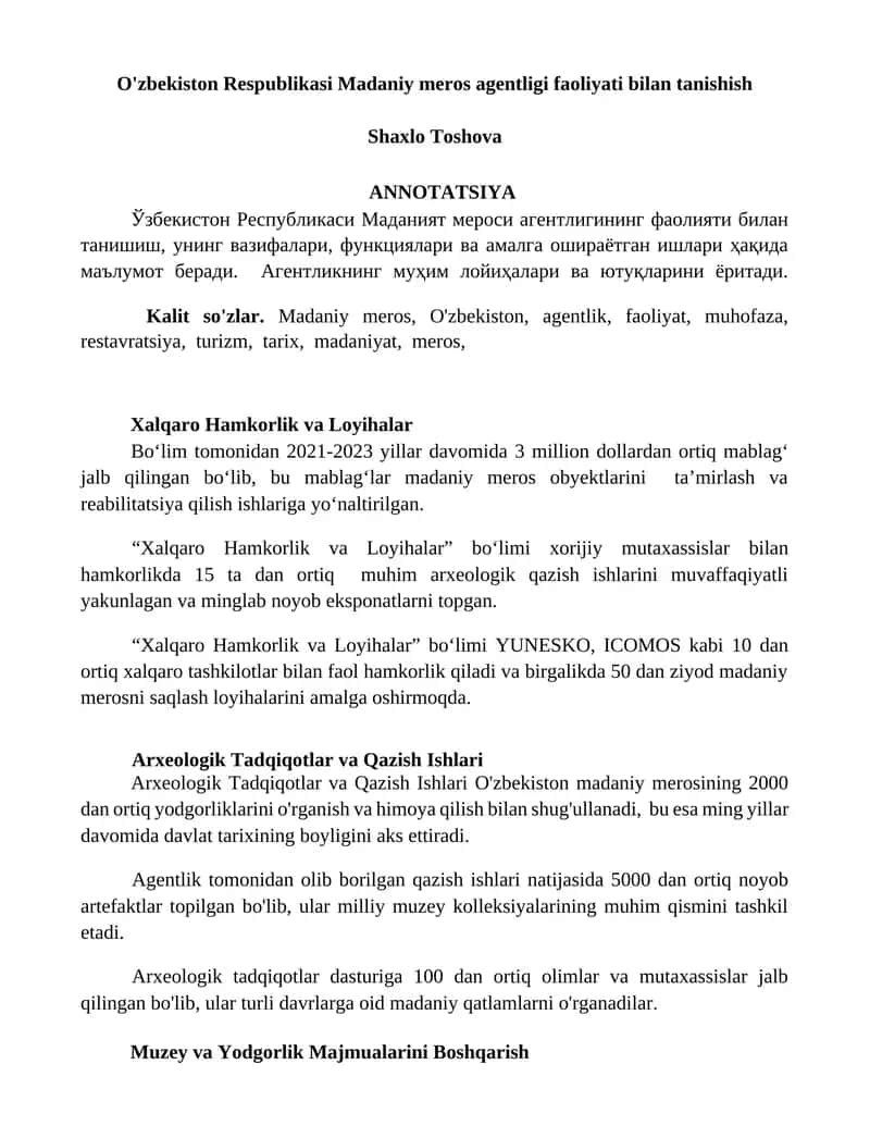 O'zbekiston Respublikasi Madaniy meros agentligi faoliyati bilan tanishish
