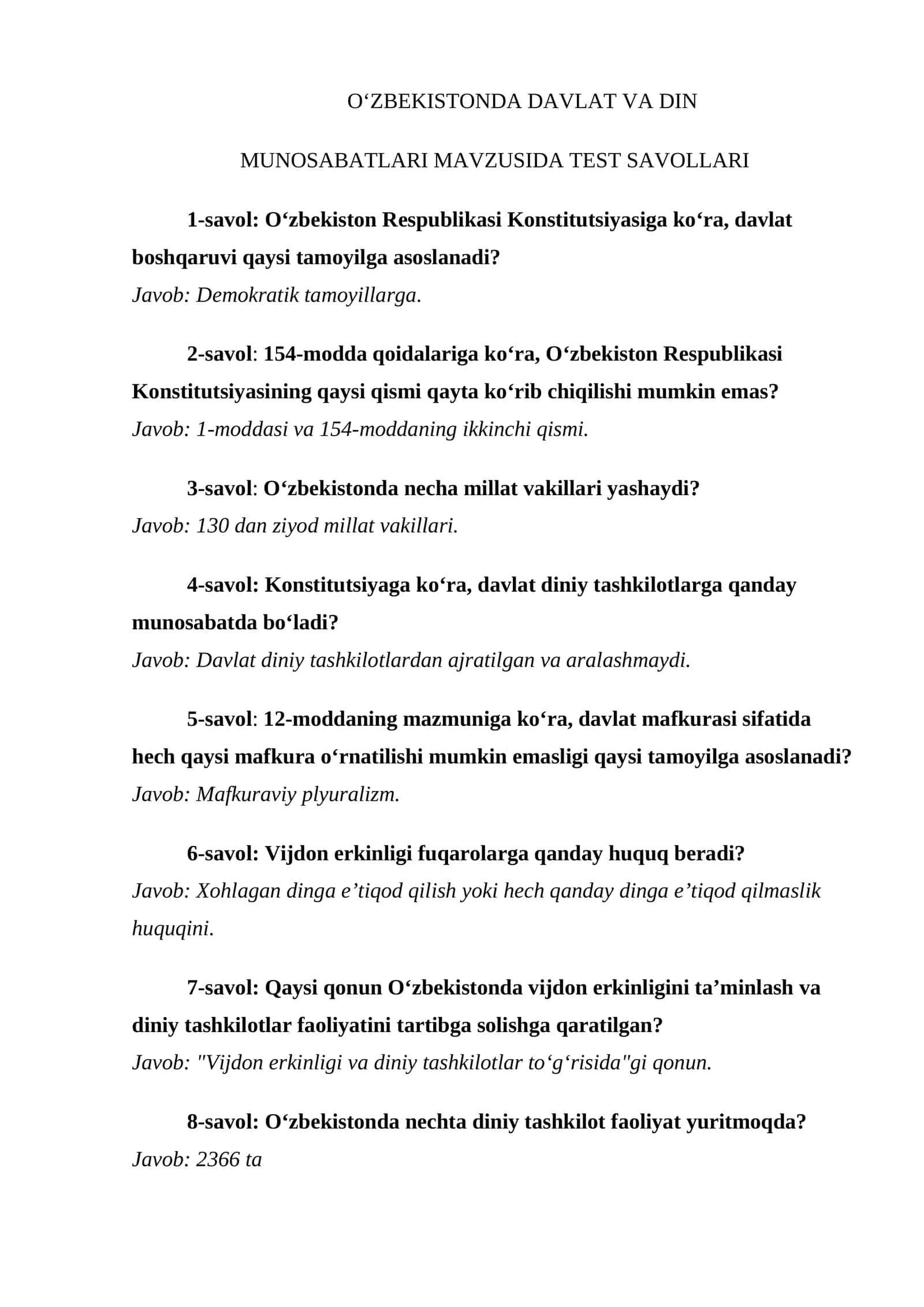O‘zbekistonda Davlat va Din Munosabatlari Mavzusida Test Savollari