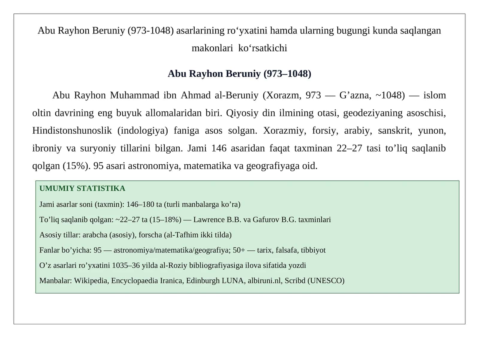 Abu Rayhon Beruniy (973-1048) asarlar