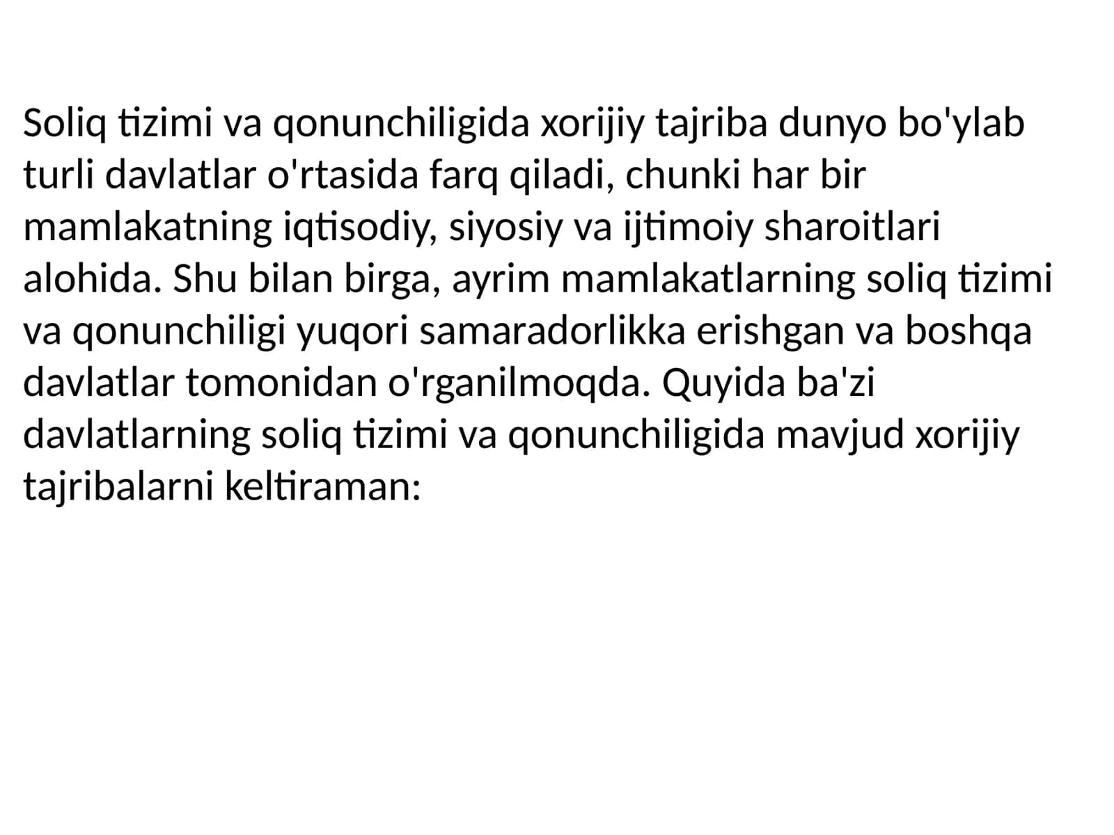 Soliq tizimi va qonunchiligida xorijiy tajriba