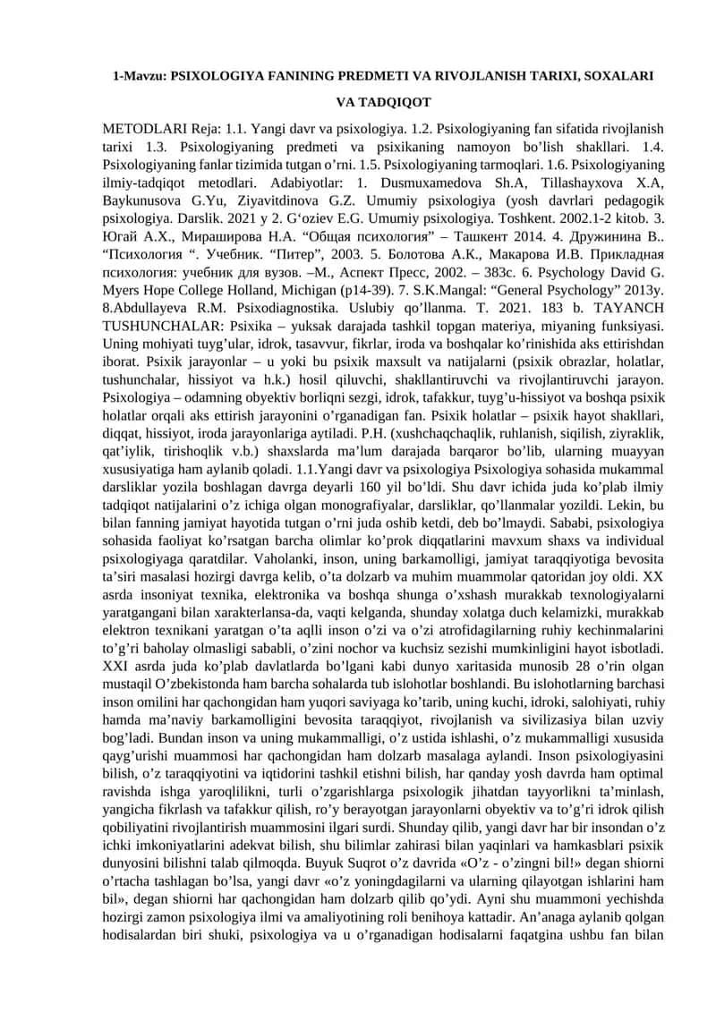 PSIXOLOGIYA FANINING PREDMETI VA RIVOJLANISH TARIXI, SOXALARI VA TADQIQOT METODLARI