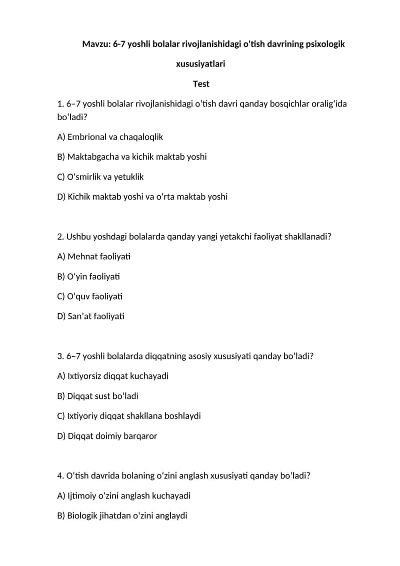 6-7 yoshli bolalar rivojlanishidagi o'tish davrining psixologik xususiyatlari