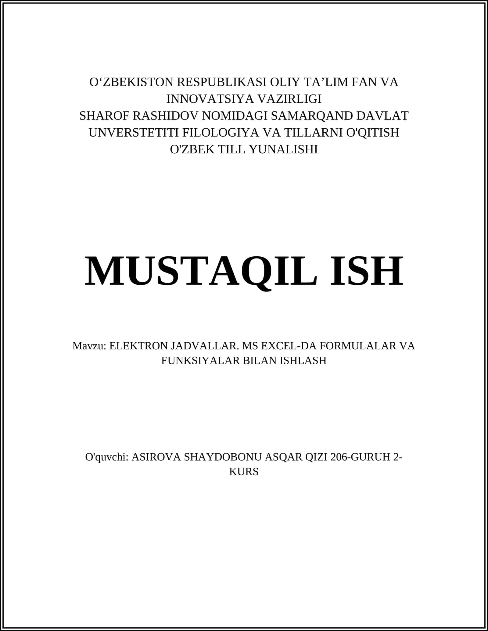 ELEKTRON JADVALLAR. MS EXCEL-DA FORMULALAR VA FUNKSIYALAR BILAN ISHLASH