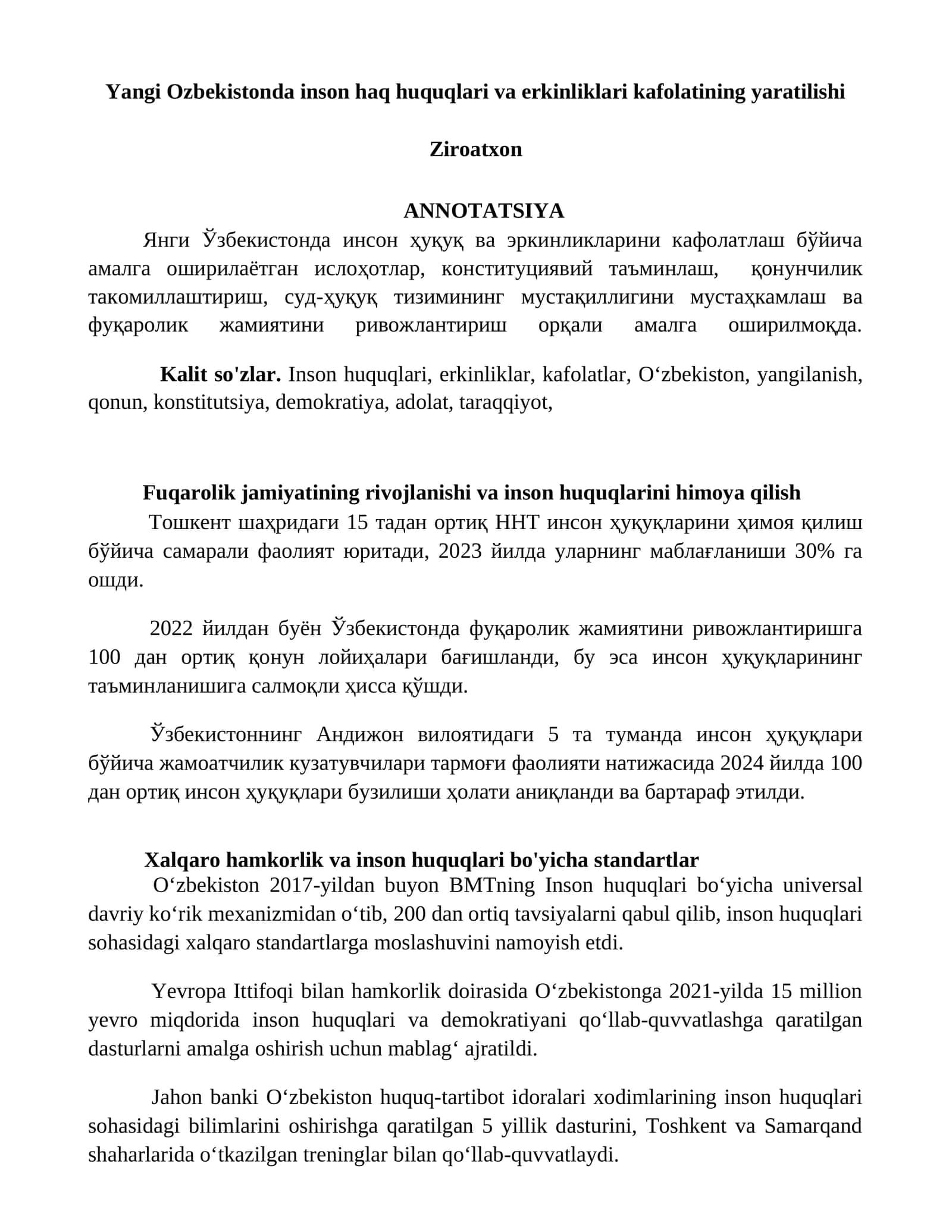 Yangi Ozbekistonda inson haq huquqlari va erkinliklari kafolatining yaratilishi