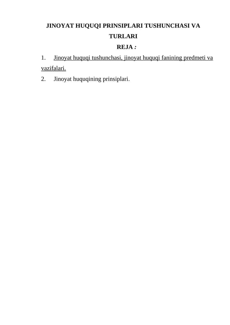 Jinoyat huquqi prinsiplari tushunchasi va turlari
