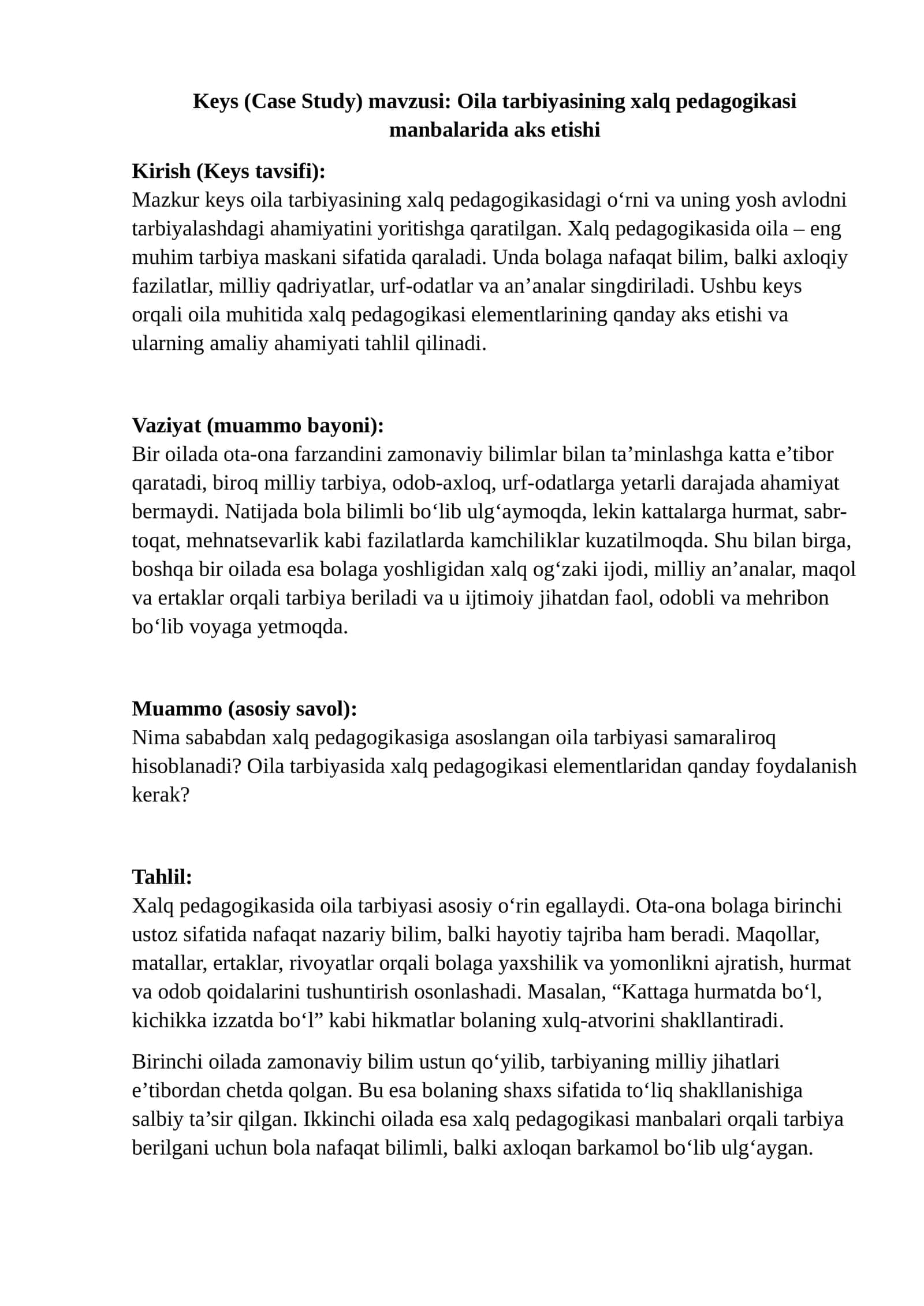 Oila tarbiyasining xalq pedagogikasi manbalarida aks etishi