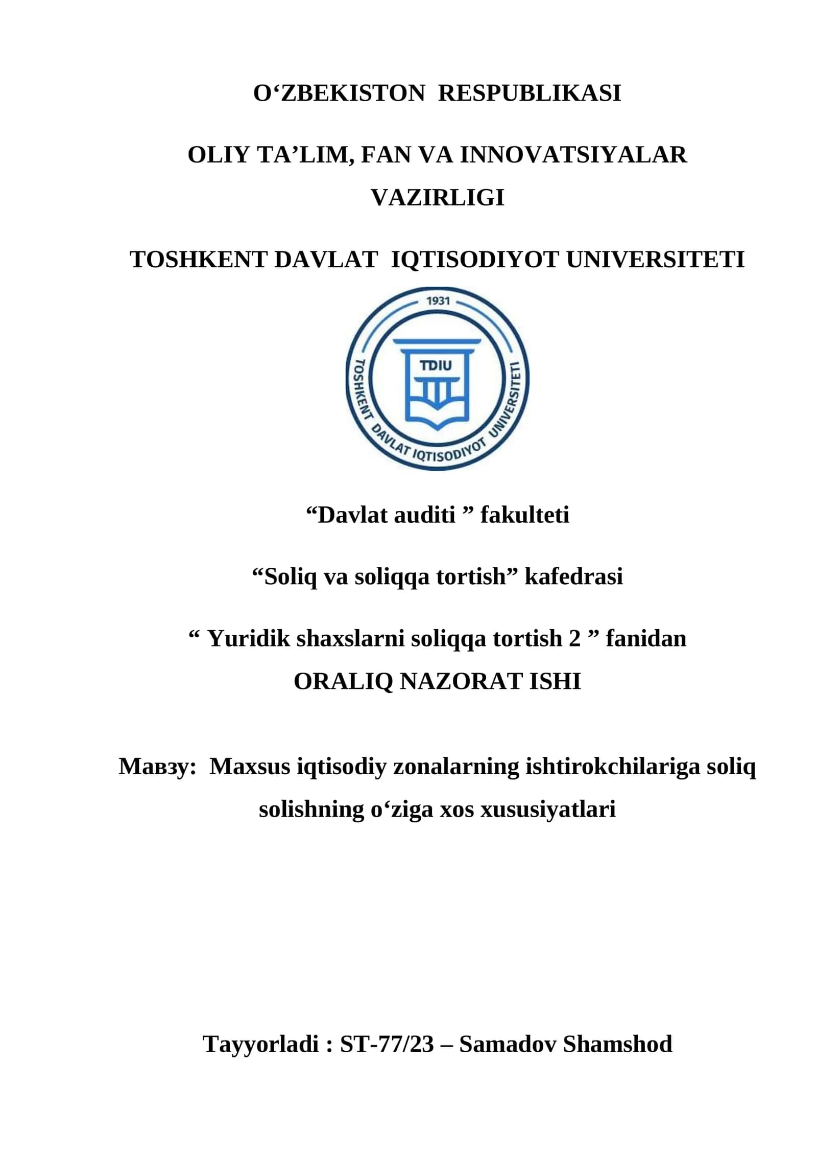 Maxsus iqtisodiy zonalarning ishtirokchilariga soliq solishning o‘ziga xos xususiyatlari