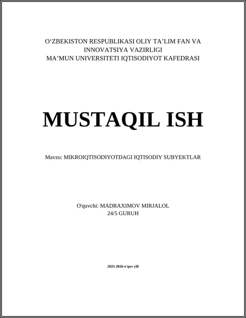 MIKROIQTISODIYOTDAGI IQTISODIY SUBYEKTLAR