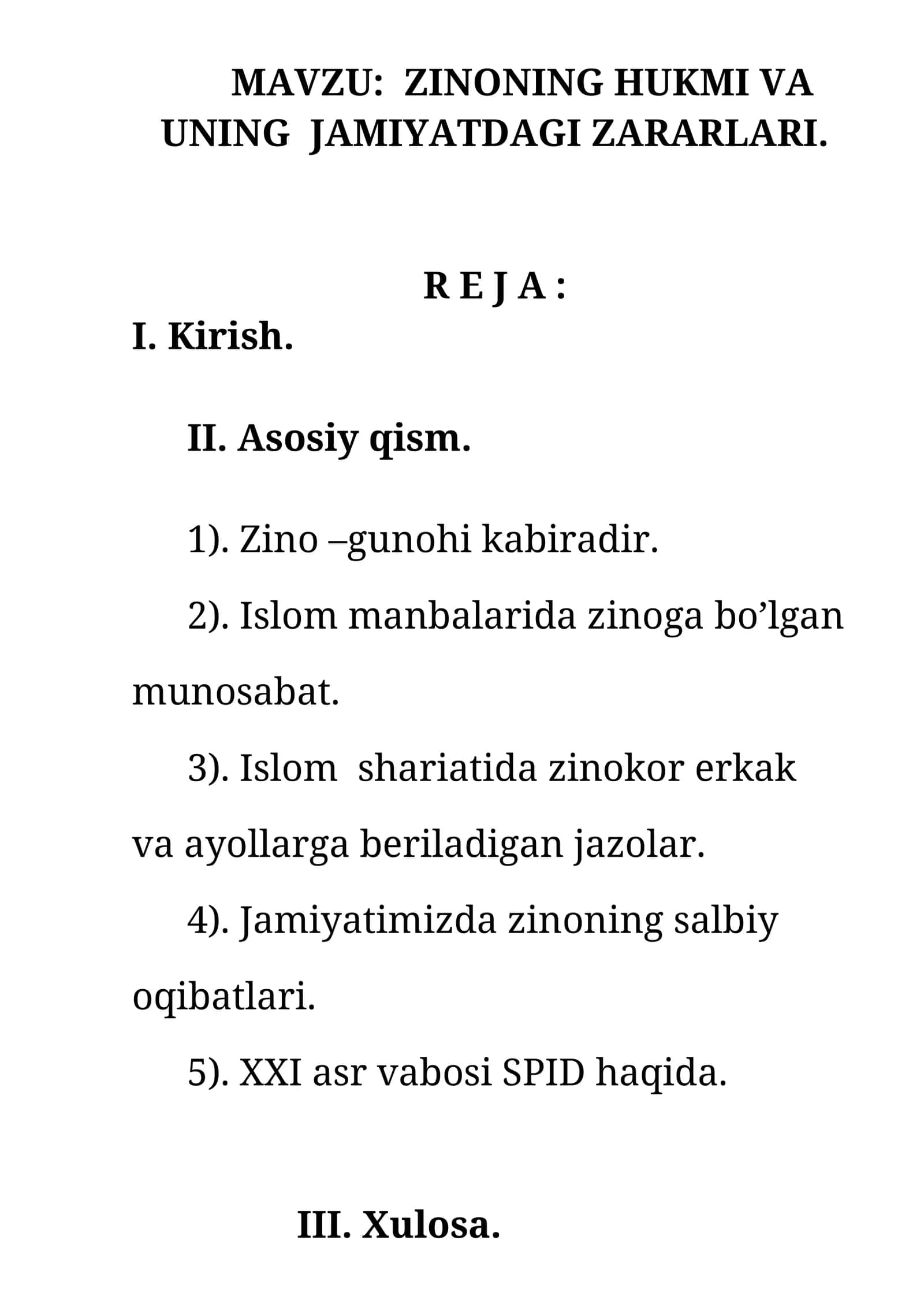 ZINONING HUKMI VA UNING JAMIYATDAGI ZARARLARI
