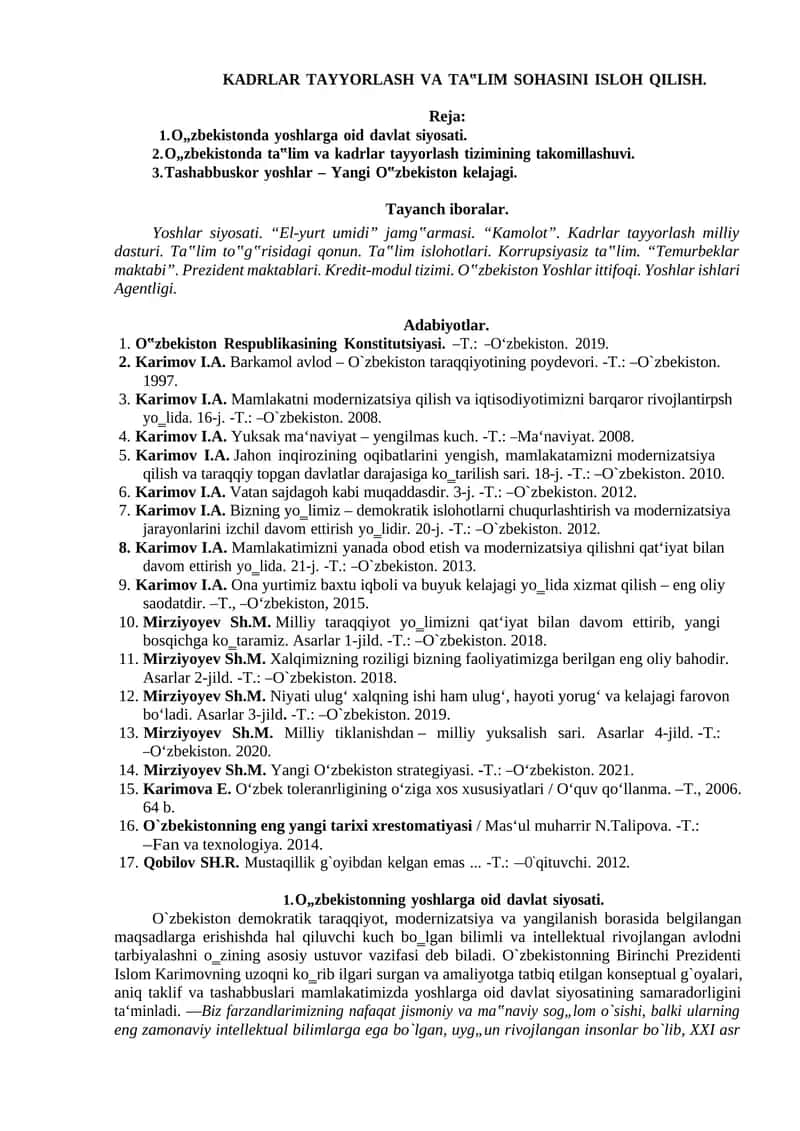 KADRLAR TAYYORLASH VA TA‟LIM SOHASINI ISLOH QILISH