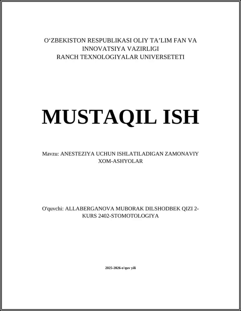 ANESTEZIYA UCHUN ISHLATILADIGAN ZAMONAVIY XOM-ASHYOLAR