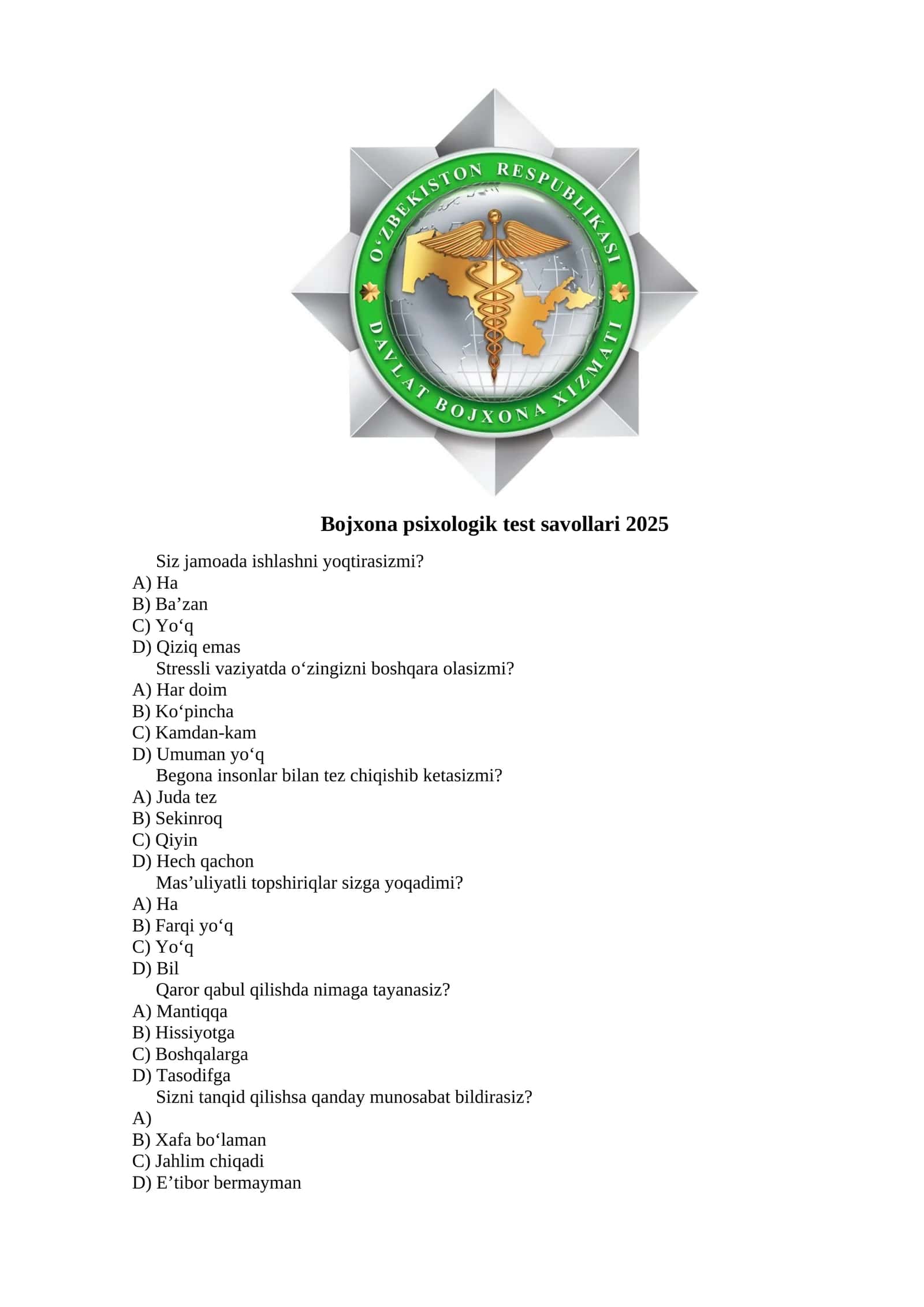 Bojxona psixologik test savollari