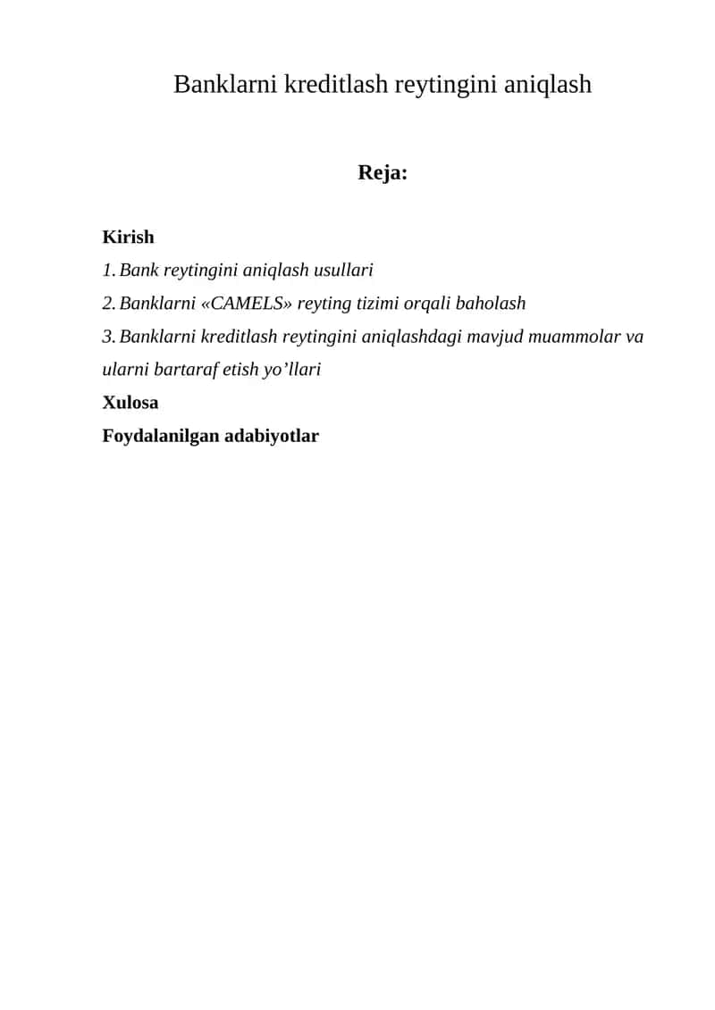 Banklarni kreditlash reytingini aniqlash
