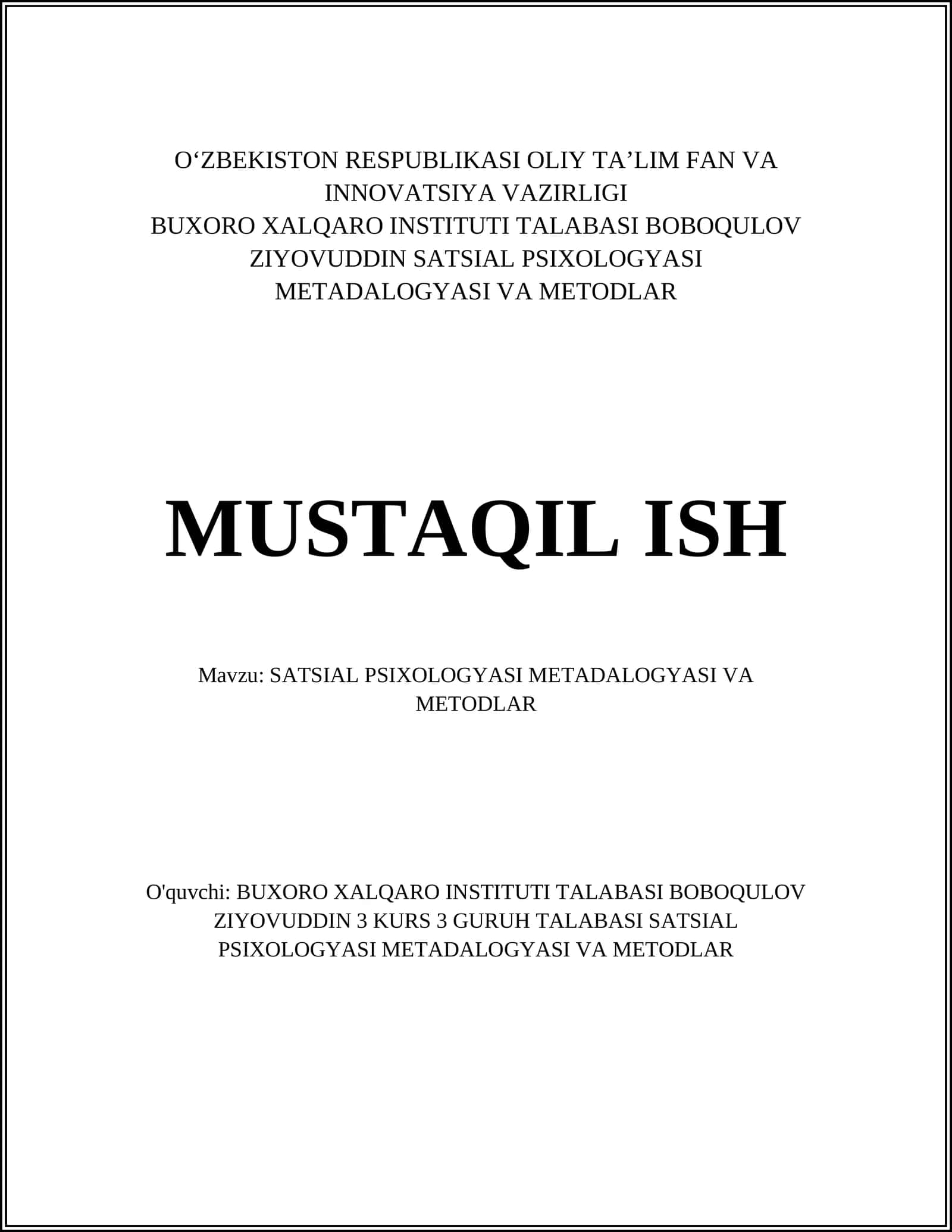 SATSIAL PSIXOLOGYASI METADALOGYASI VA METODLAR