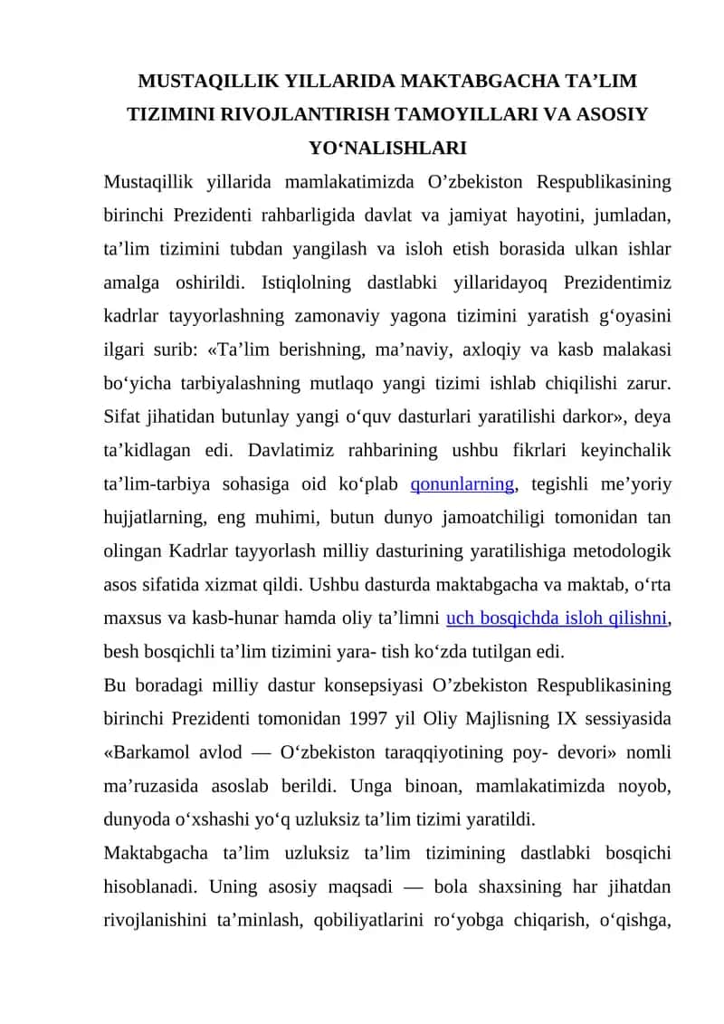 MAKTABGACHA TAʼLIM TIZIMINI RIVOJLANTIRISH TAMOYILLARI VA ASOSIY YOʻNALISHLARI