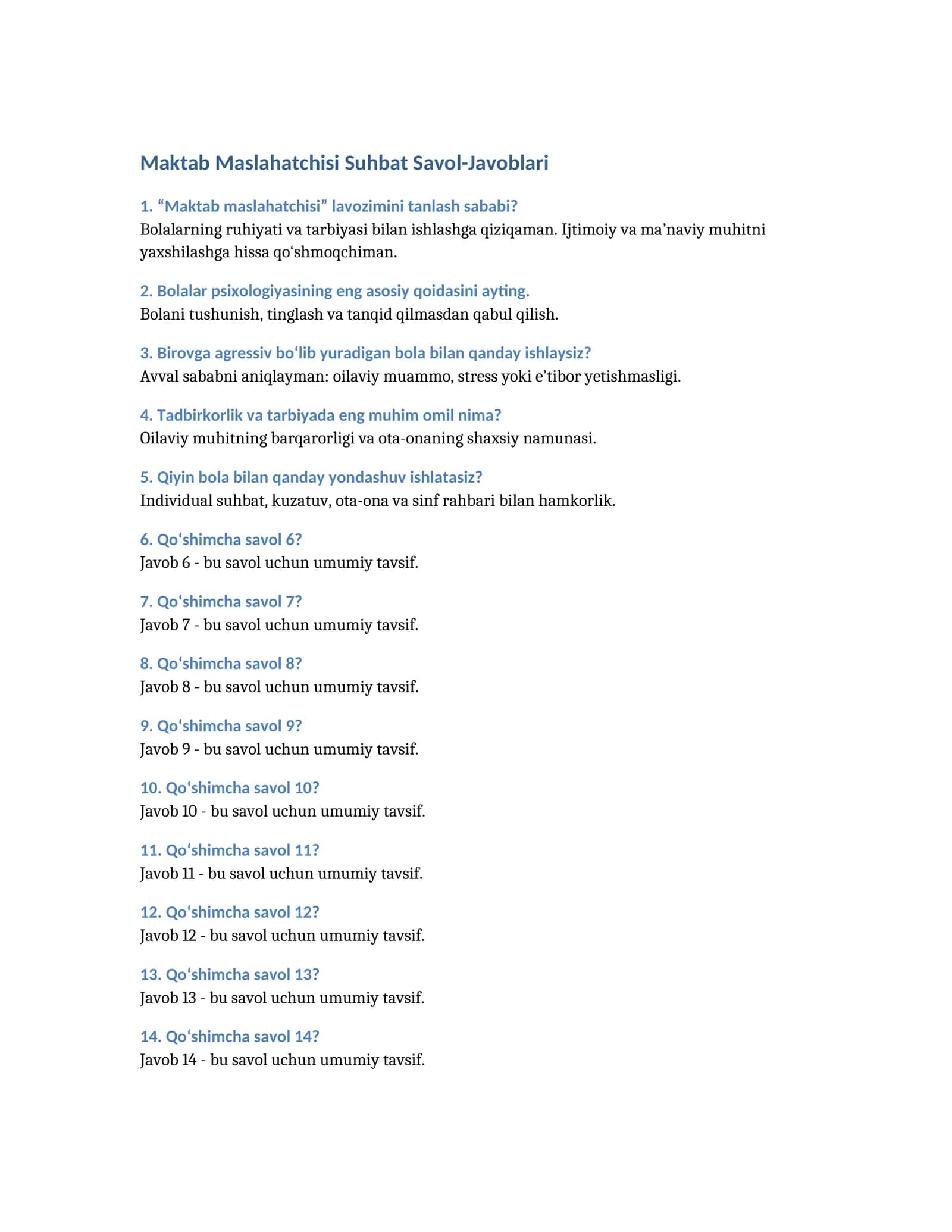 Maktab Maslahatchisi Suhbat Savol-Javoblari