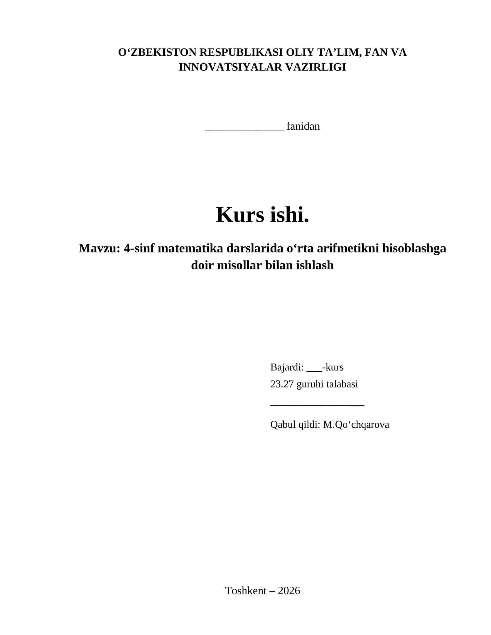 4-sinf matematika darslarida oʻrta arifmetikni hisoblashga doir misollar bilan ishlash