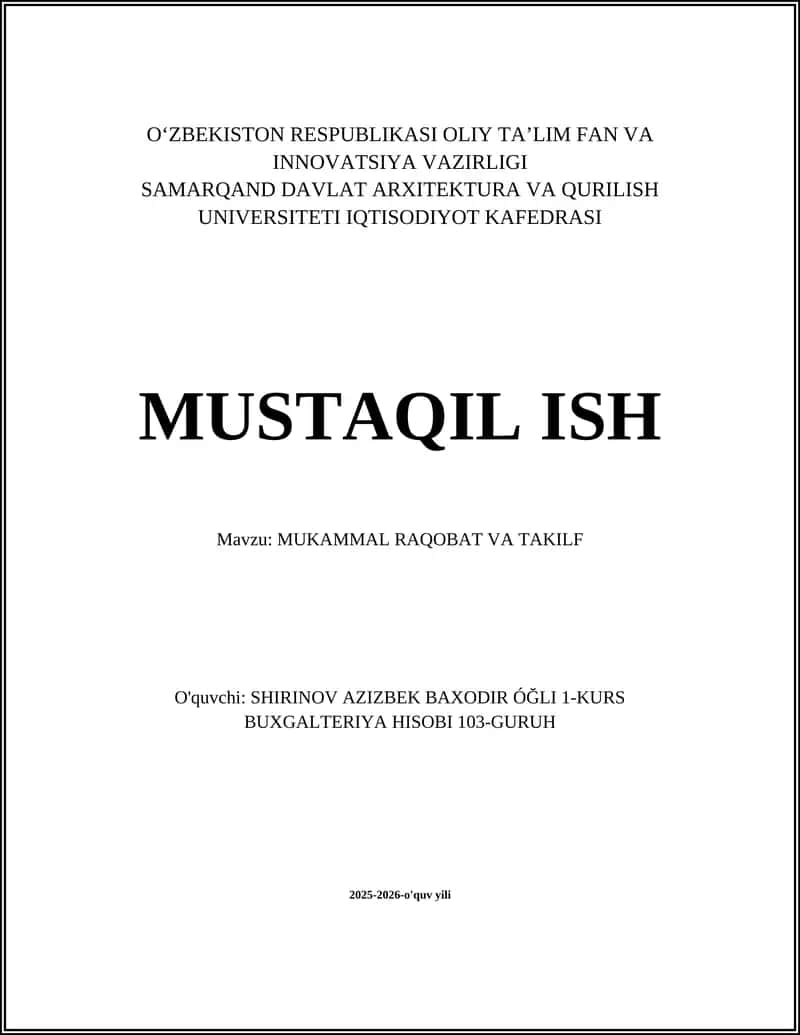 MUKAMMAL RAQOBAT VA TAKILF
