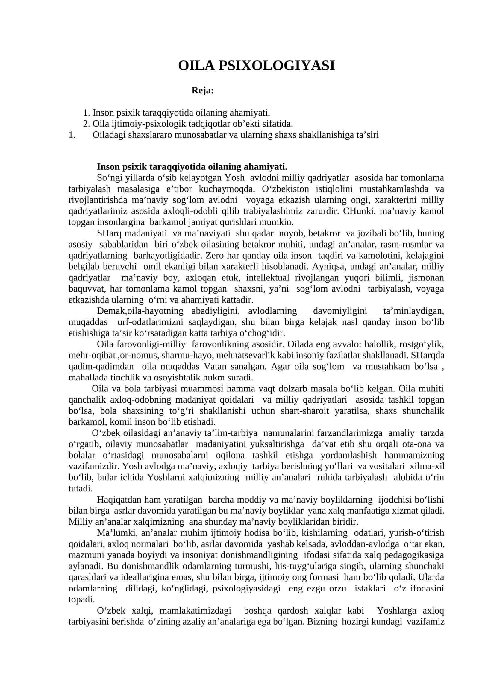 OILA PSIXOLOGIYASI