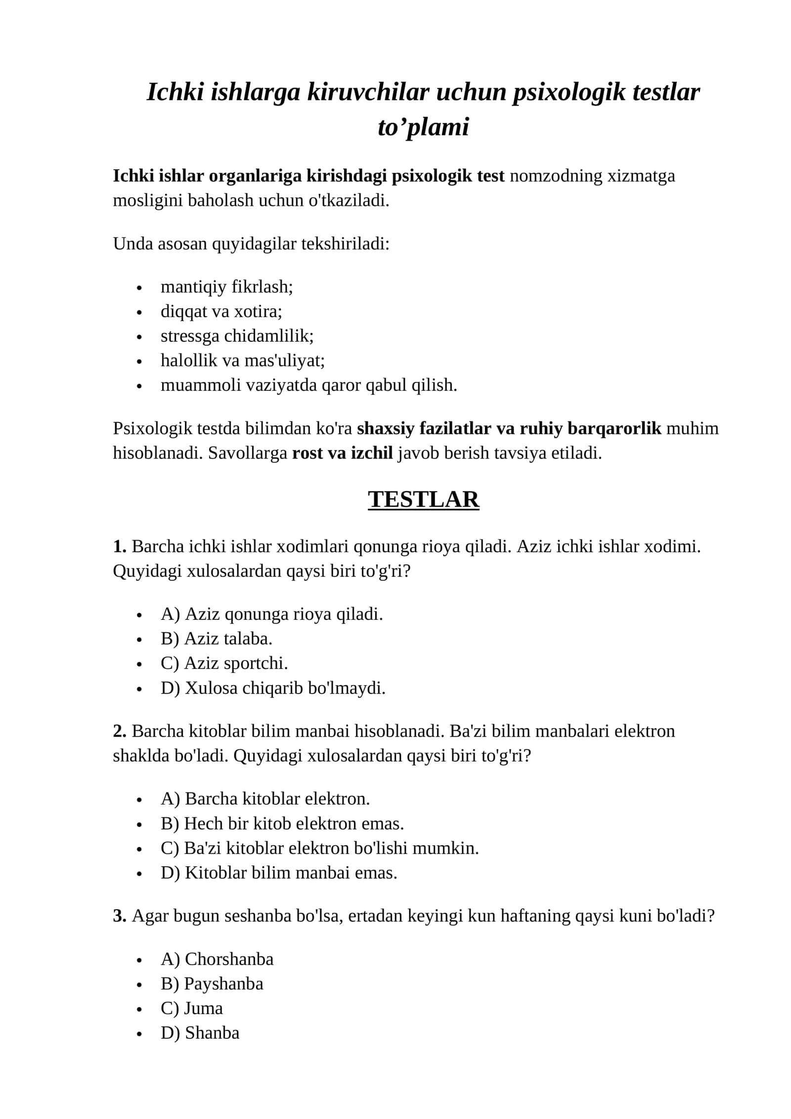 Ichki ishlarga kiruvchilar uchun psixologik testlar to’plami