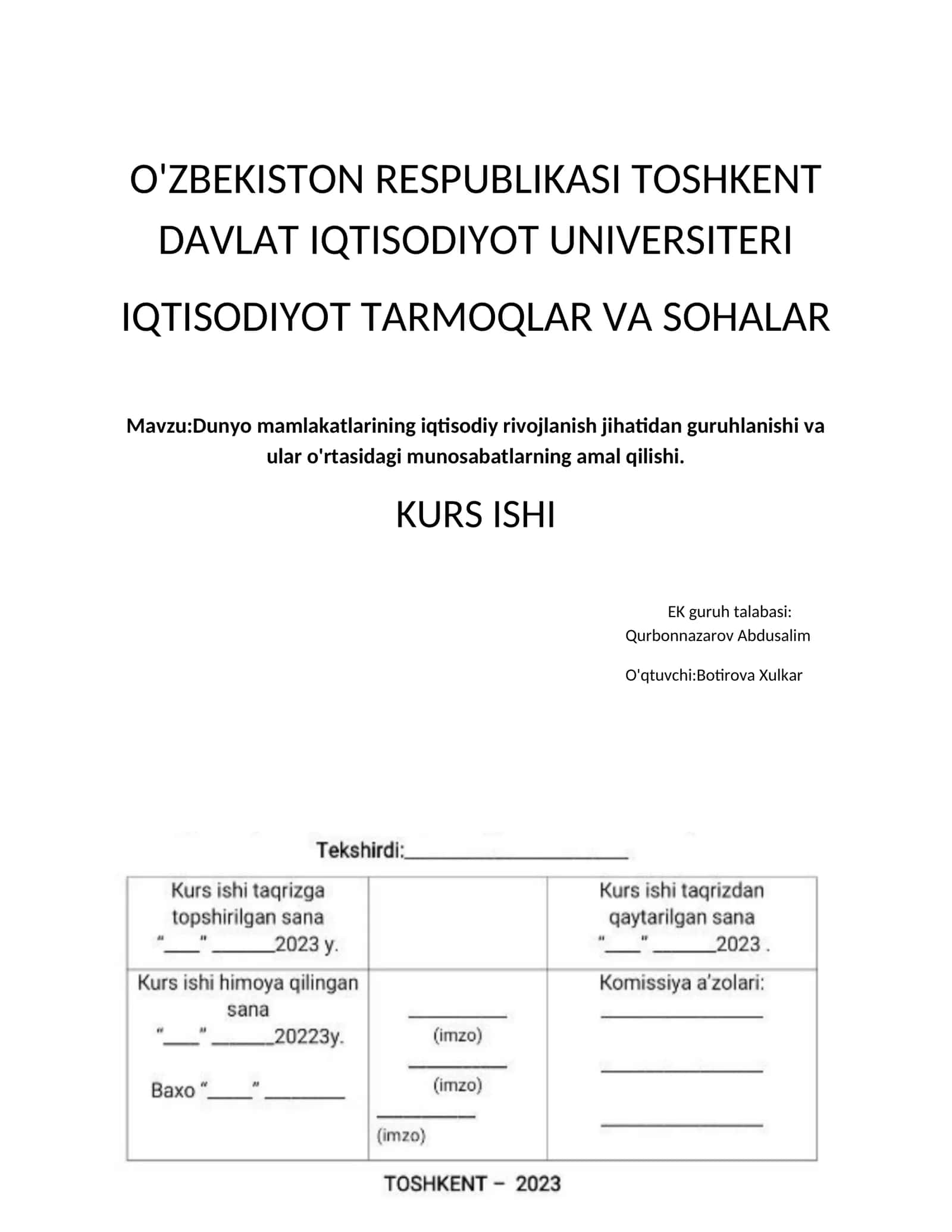 Dunyo mamlakatlar iqtisodiyoti