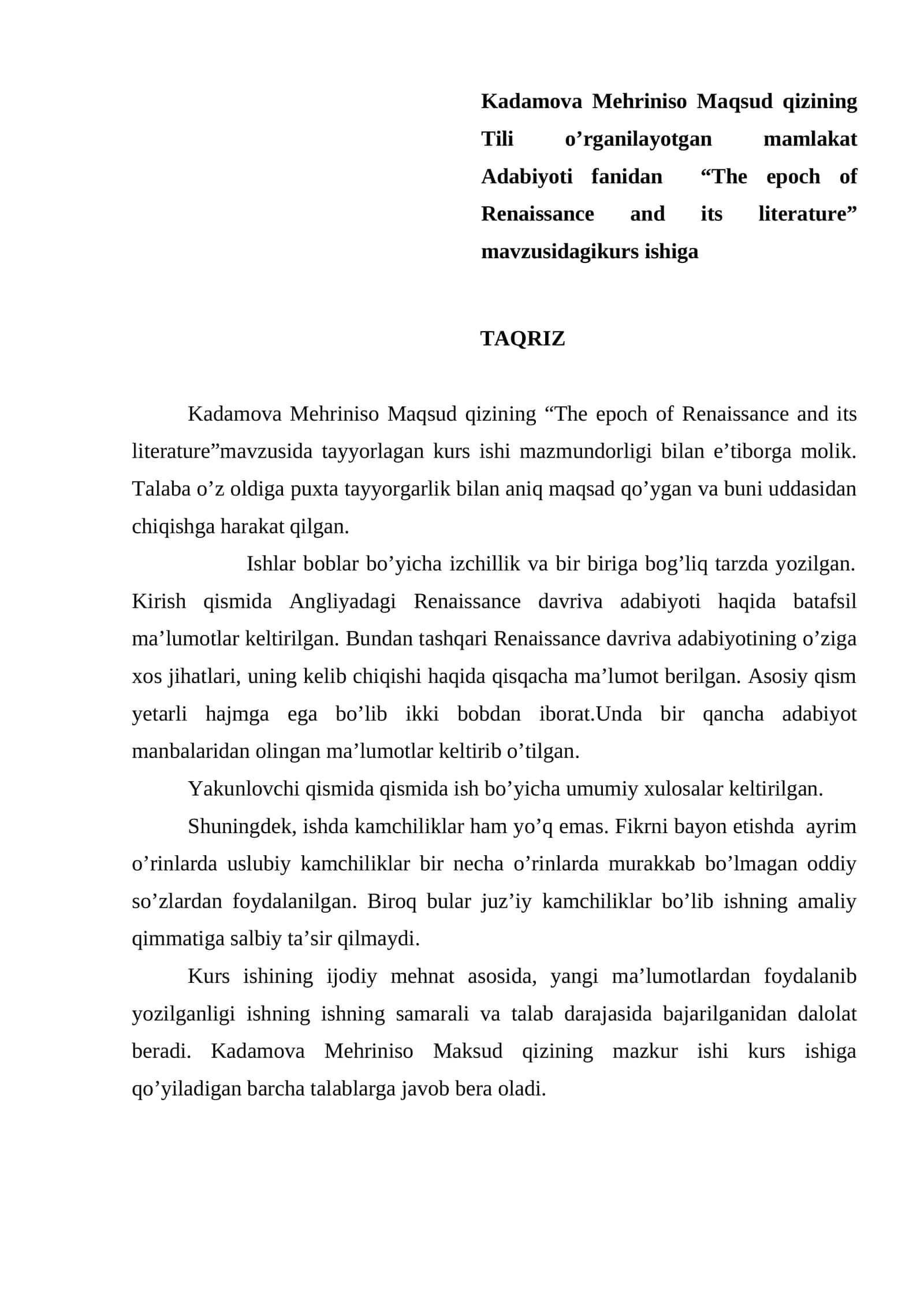 Kadamova Mehriniso Maqsud qizining Tili o’rganilayotgan mamlakat Adabiyoti fanidan kurs ishi
