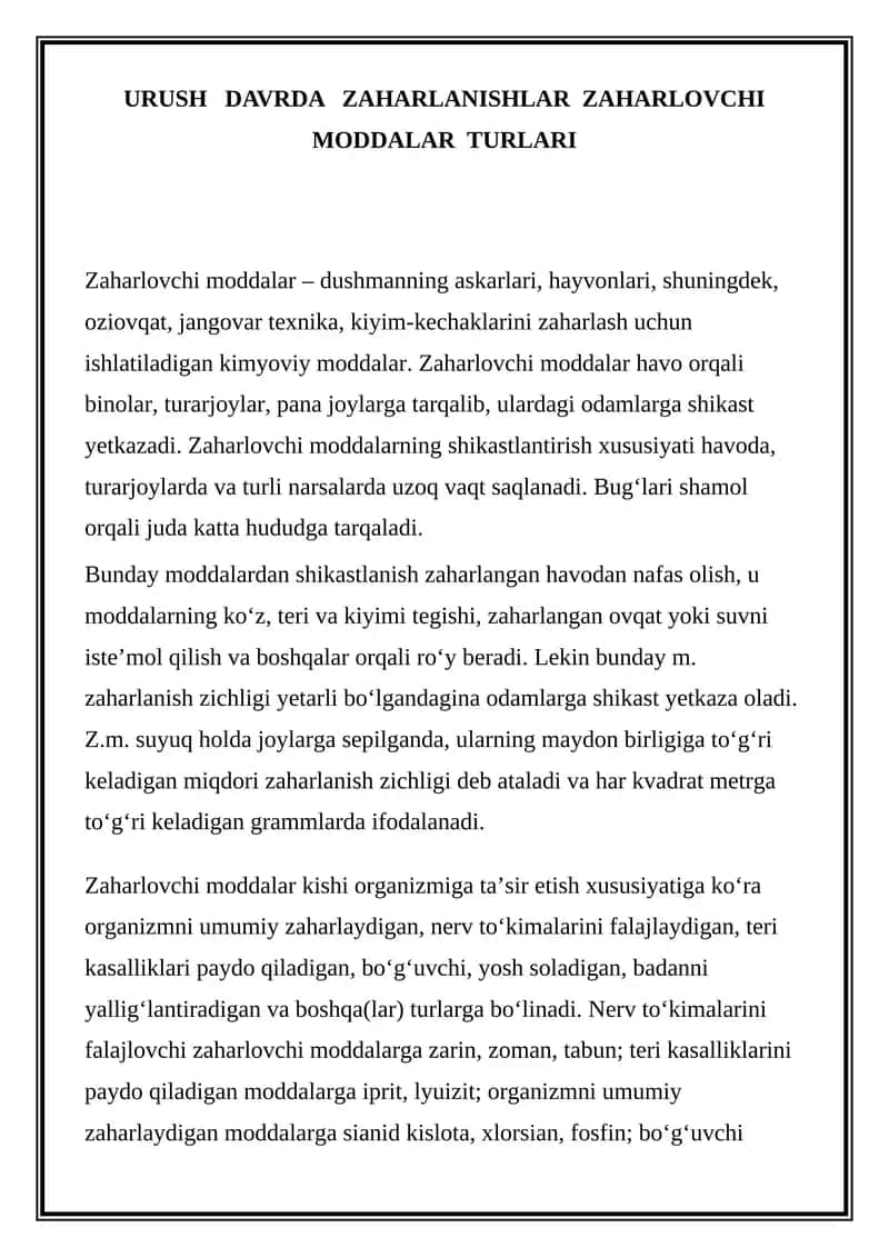 URUSH DAVRDA ZAHARLANISHLAR ZAHARLOVCHI MODDALAR TURLARI