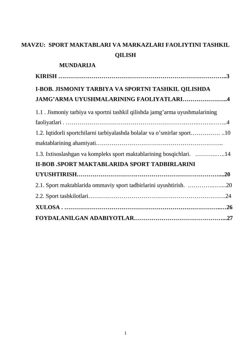SPORT MAKTABLARI VA MARKAZLARI FAOLIYTINI TASHKIL QILISH