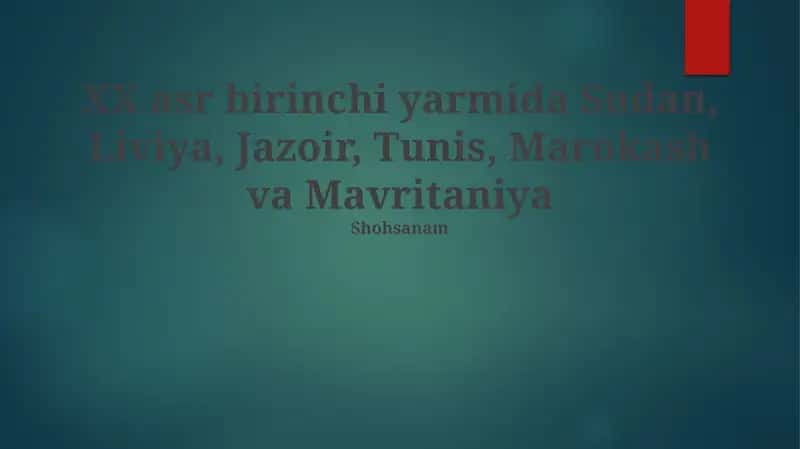 XX asrning birinchi yarmida Sudan, Liviya, Jazoir, Tunis, Marokash va Mavritaniyada sodir bo'lgan ijtimoiy-iqtisodiy tuzilma va milliy ozodlik harakatlari haqida ma'lumotlar