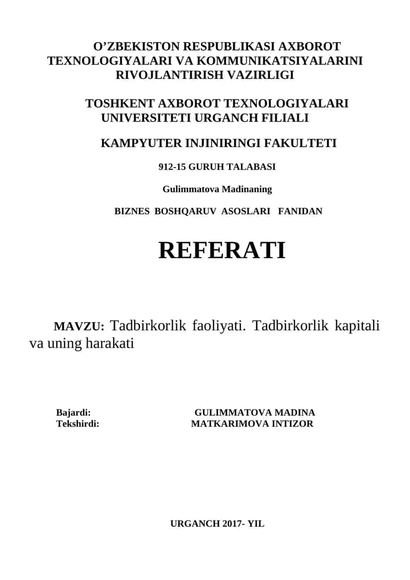BIZNES BOSHQARUV ASOSLARI FANIDAN REFERATI