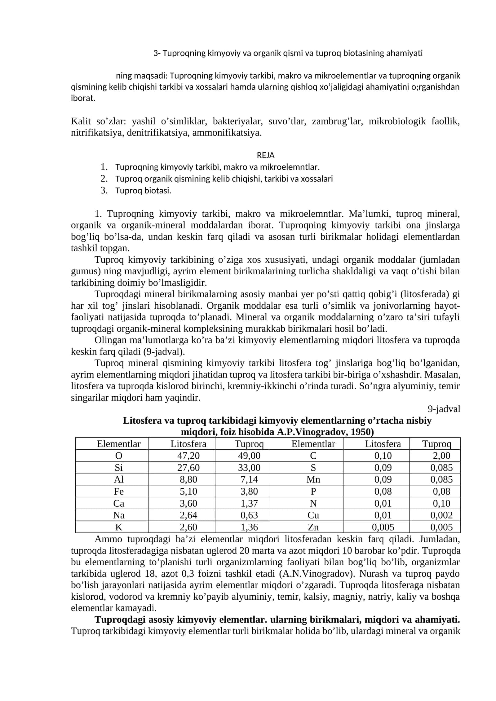 Tuproqning kimyoviy va organik qismi va tuproq biotasining ahamiyati