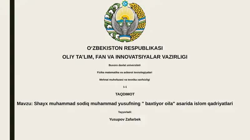 Shayx muhammad sodiq muhammad yusufning " baxtiyor oila" asarida islom qadriyatlari