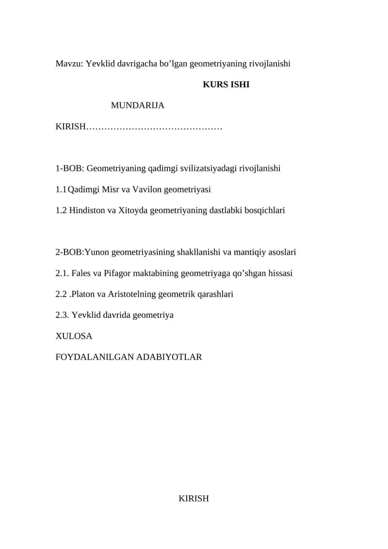 Yevklid davrigacha bo’lgan geometriyaning rivojlanishi