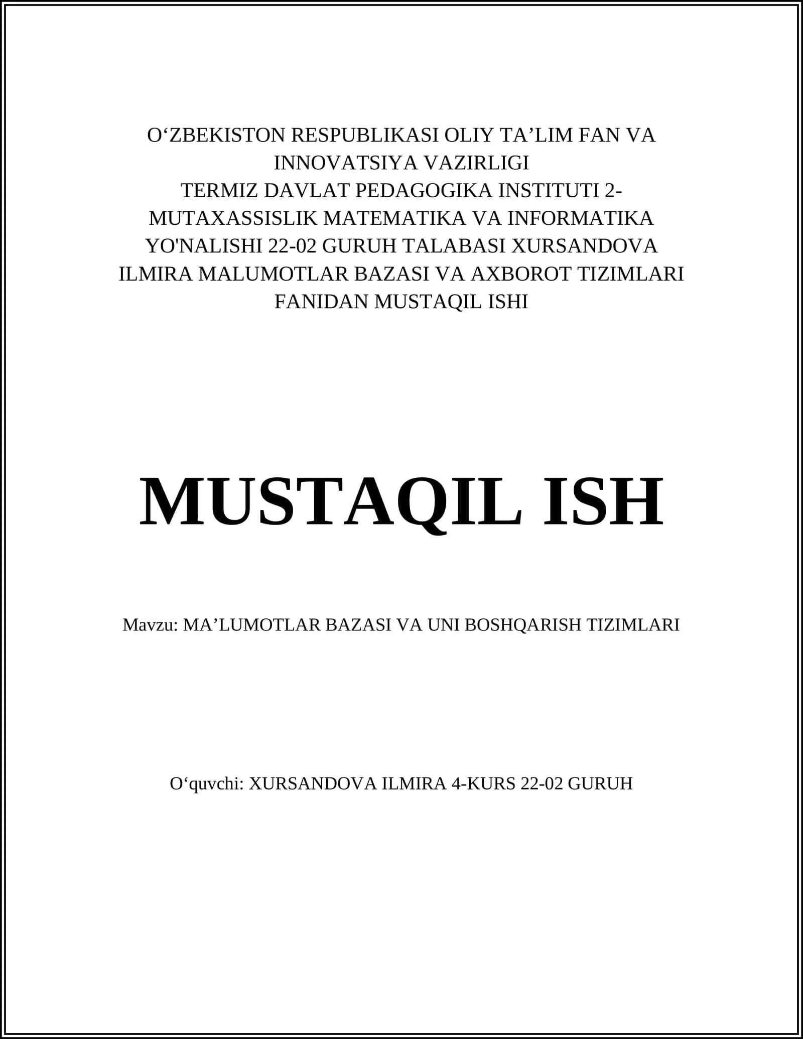 MAʼLUMOTLAR BAZASI VA UNI BOSHQARISH TIZIMLARI