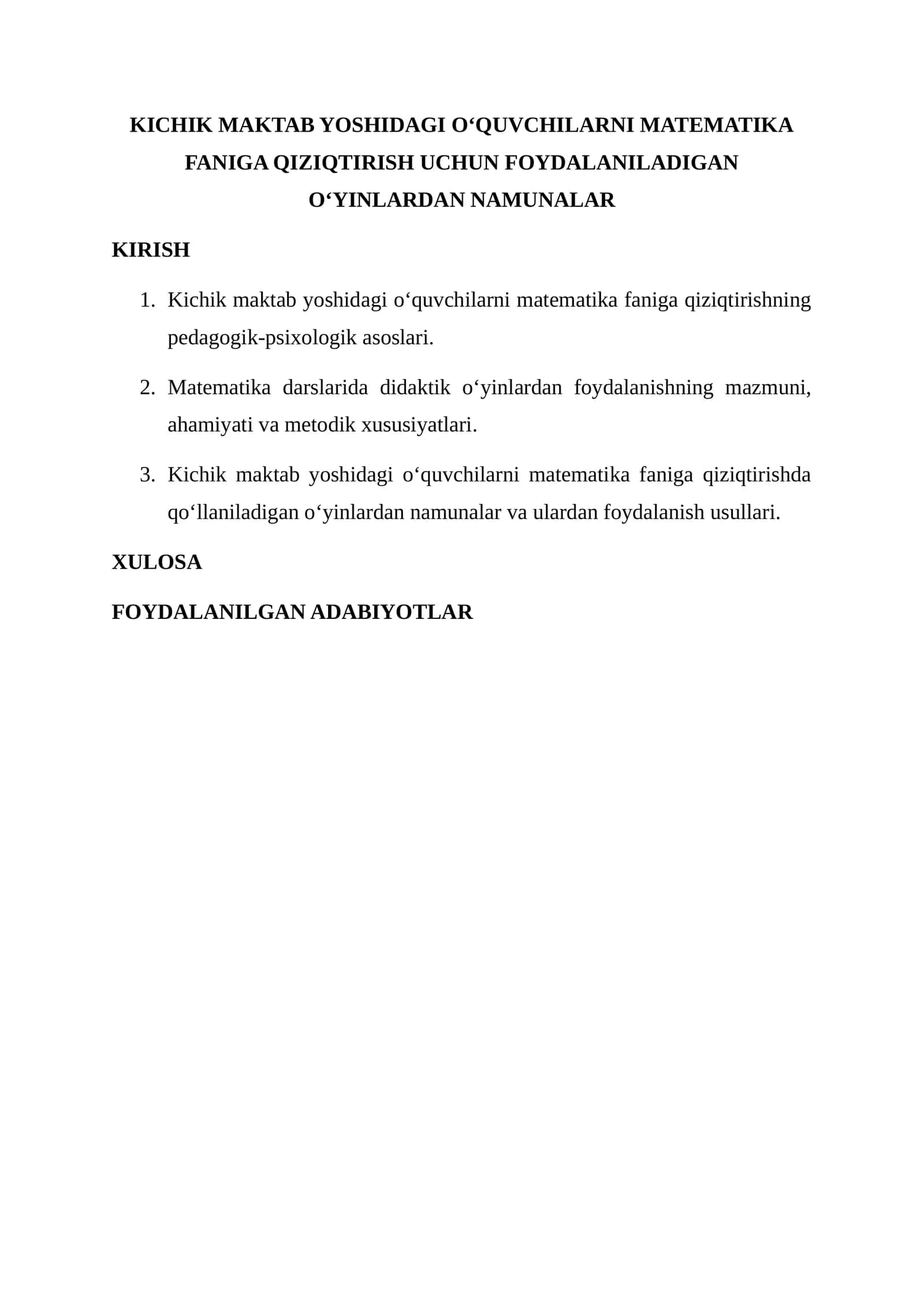 KICHIK MAKTAB YOSHIDAGI O‘QUVCHILARNI MATEMATIKA FANIGA QIZIQTIRISH UCHUN FOYDALANILADIGAN O‘YINLARDAN NAMUNALAR