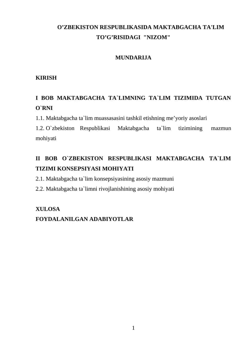 Oʻzbekiston Respublikasida Maktabgacha Ta'lim To'g'risidagi "Nizom"