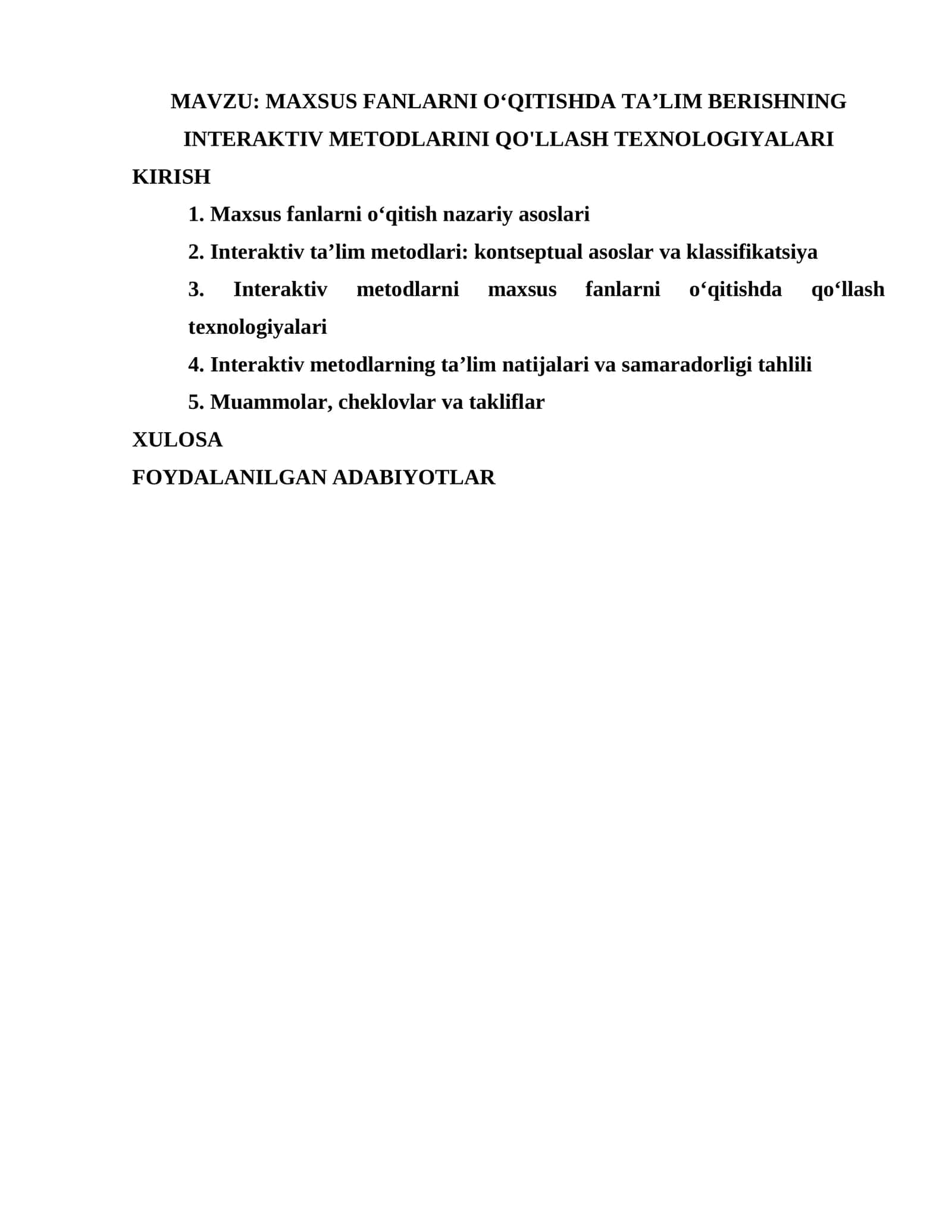 MAXSUS FANLARNI OʻQITISHDA TAʼLIM BERISHNING INTERAKTIV METODLARINI QO'LLASH TEXNOLOGIYALARI