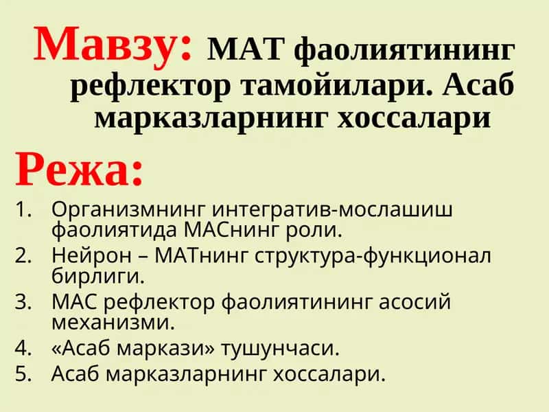 МАТ фаолиятининг рефлектор тамойилари. Асаб марказларнинг хоссалари