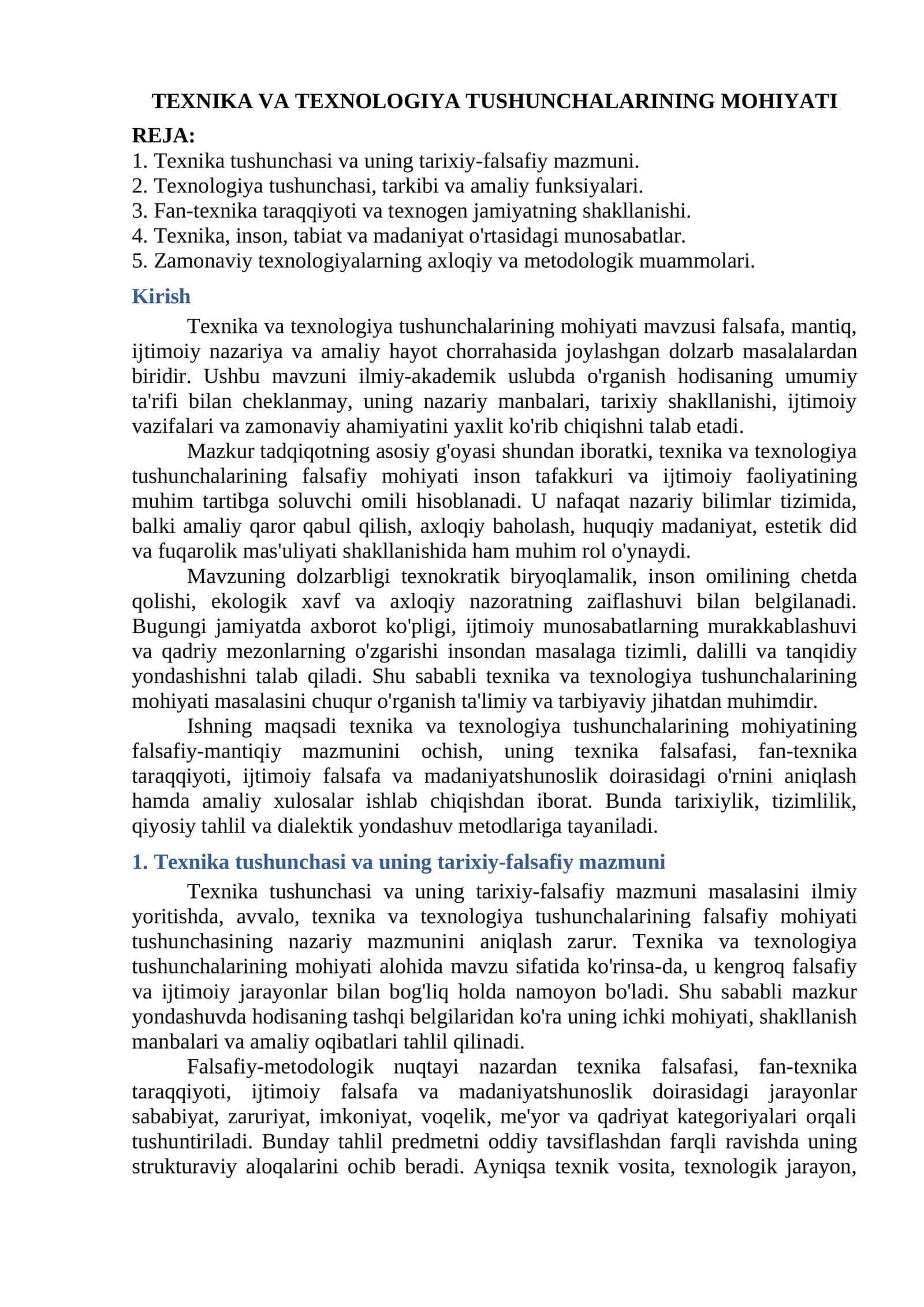Texnika va texnologiya Tushunchalarining Mohiyati